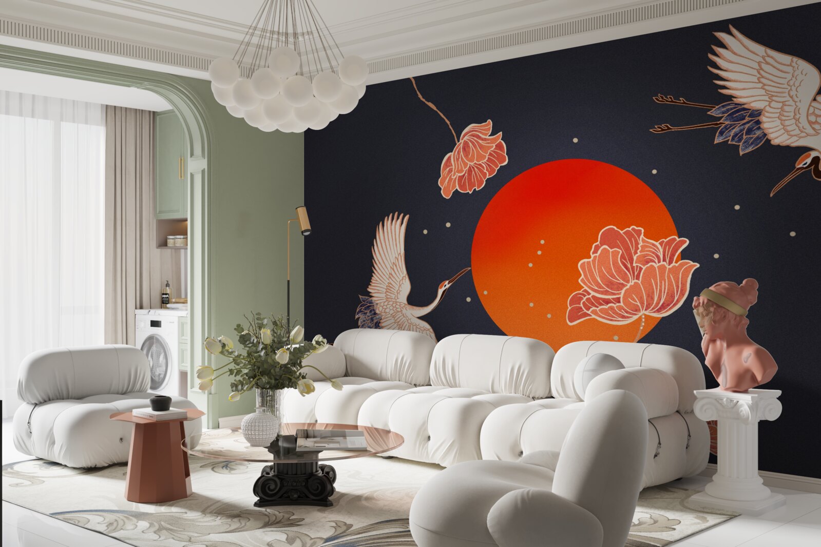 Papier peint le coucher du soleil est marqué par le départ des grues