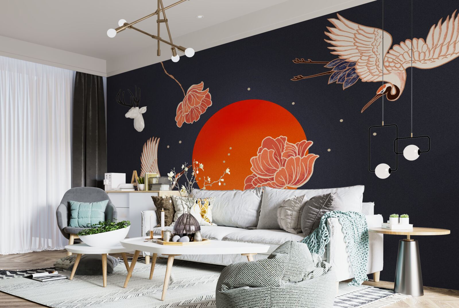 Papier peint le coucher du soleil est marqué par le départ des grues