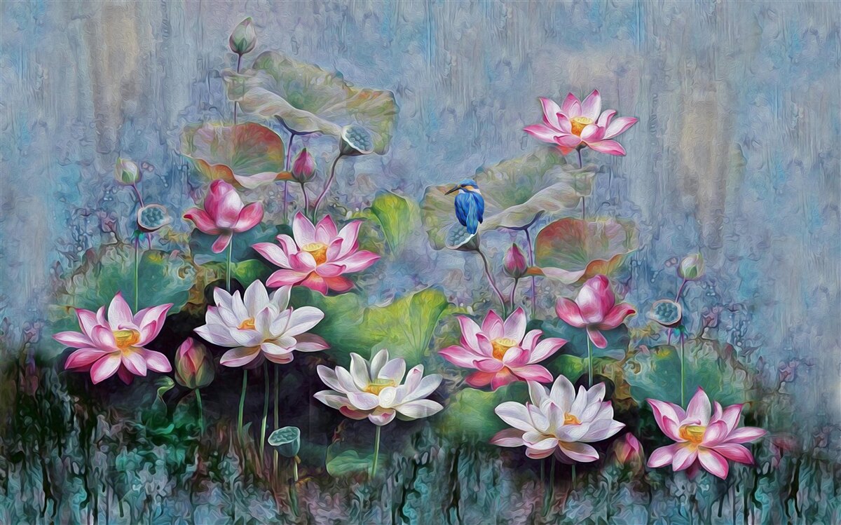 Papier peint oiseau bleu parmi les nénuphars