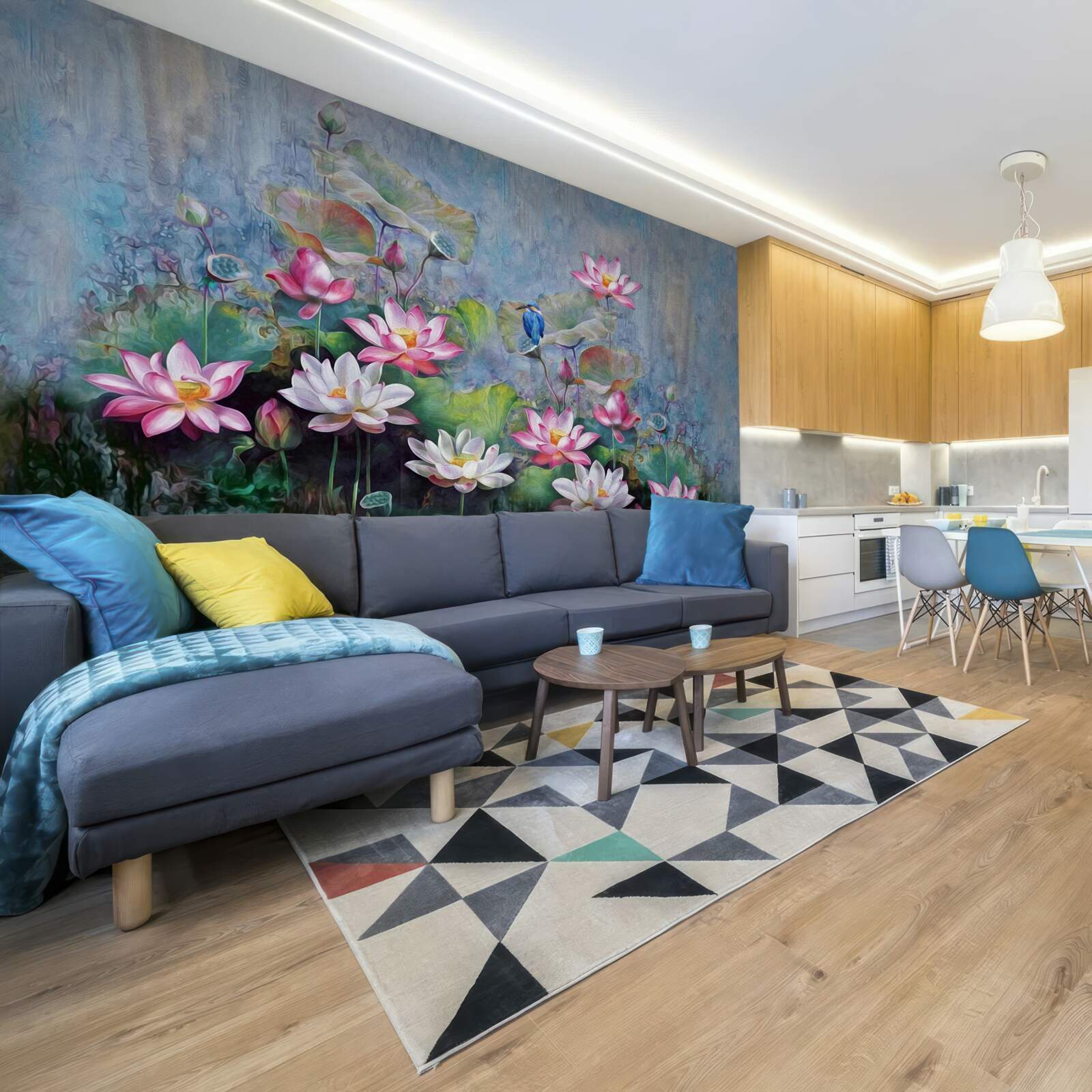 Papier peint oiseau bleu parmi les nénuphars