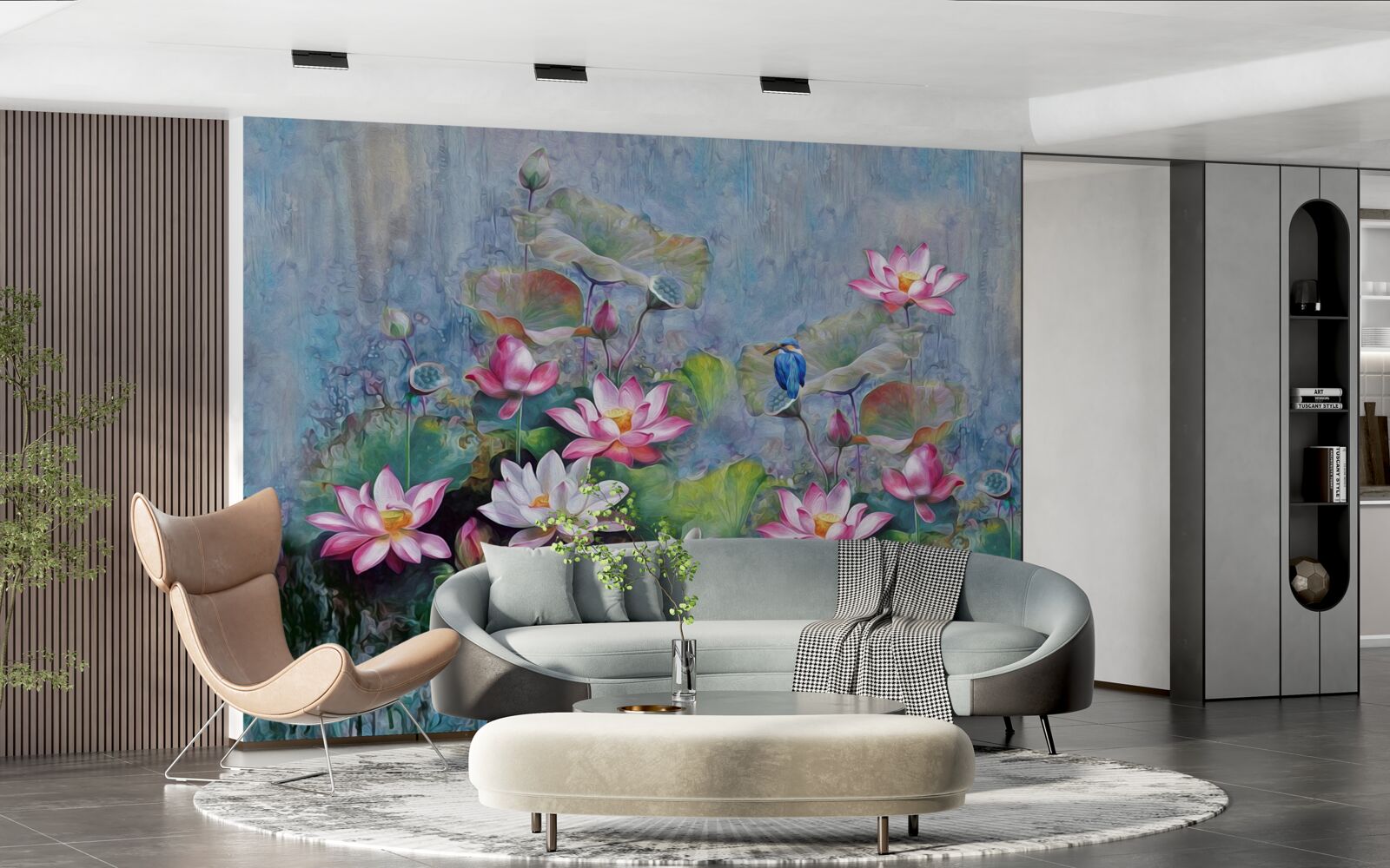 Papier peint oiseau bleu parmi les nénuphars