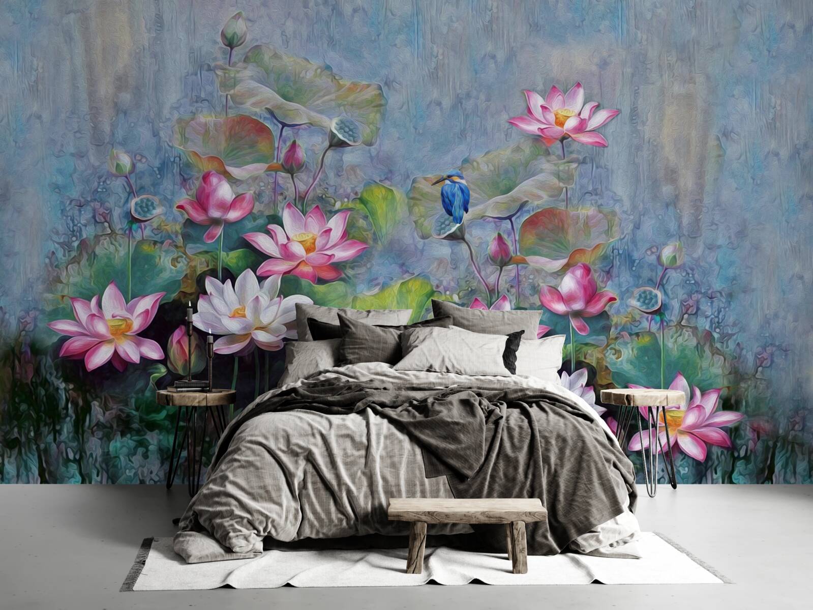 Papier peint oiseau bleu parmi les nénuphars