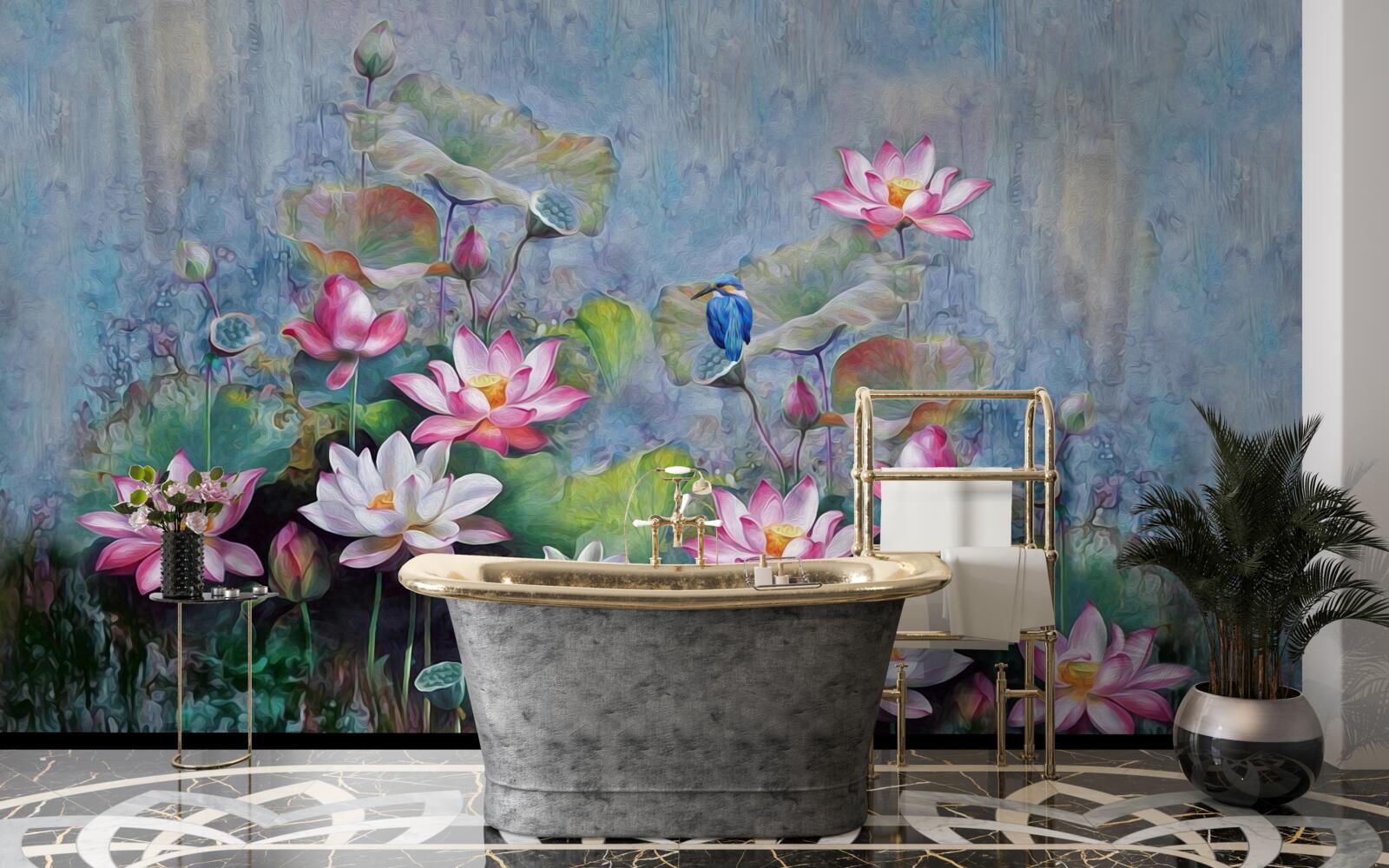 Papier peint oiseau bleu parmi les nénuphars