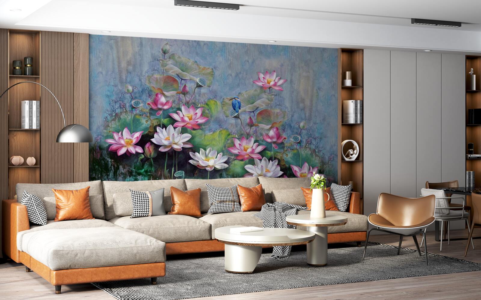 Papier peint oiseau bleu parmi les nénuphars