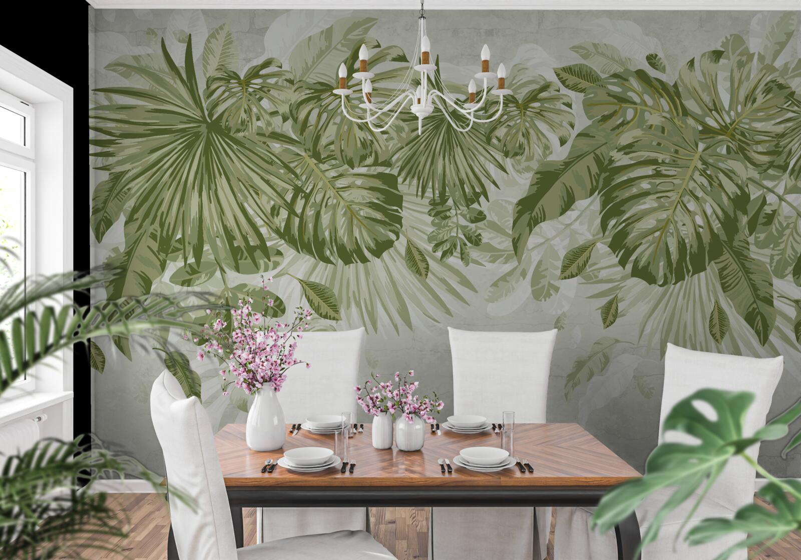 Papier peint feuilles de bananier tropical et de monstera