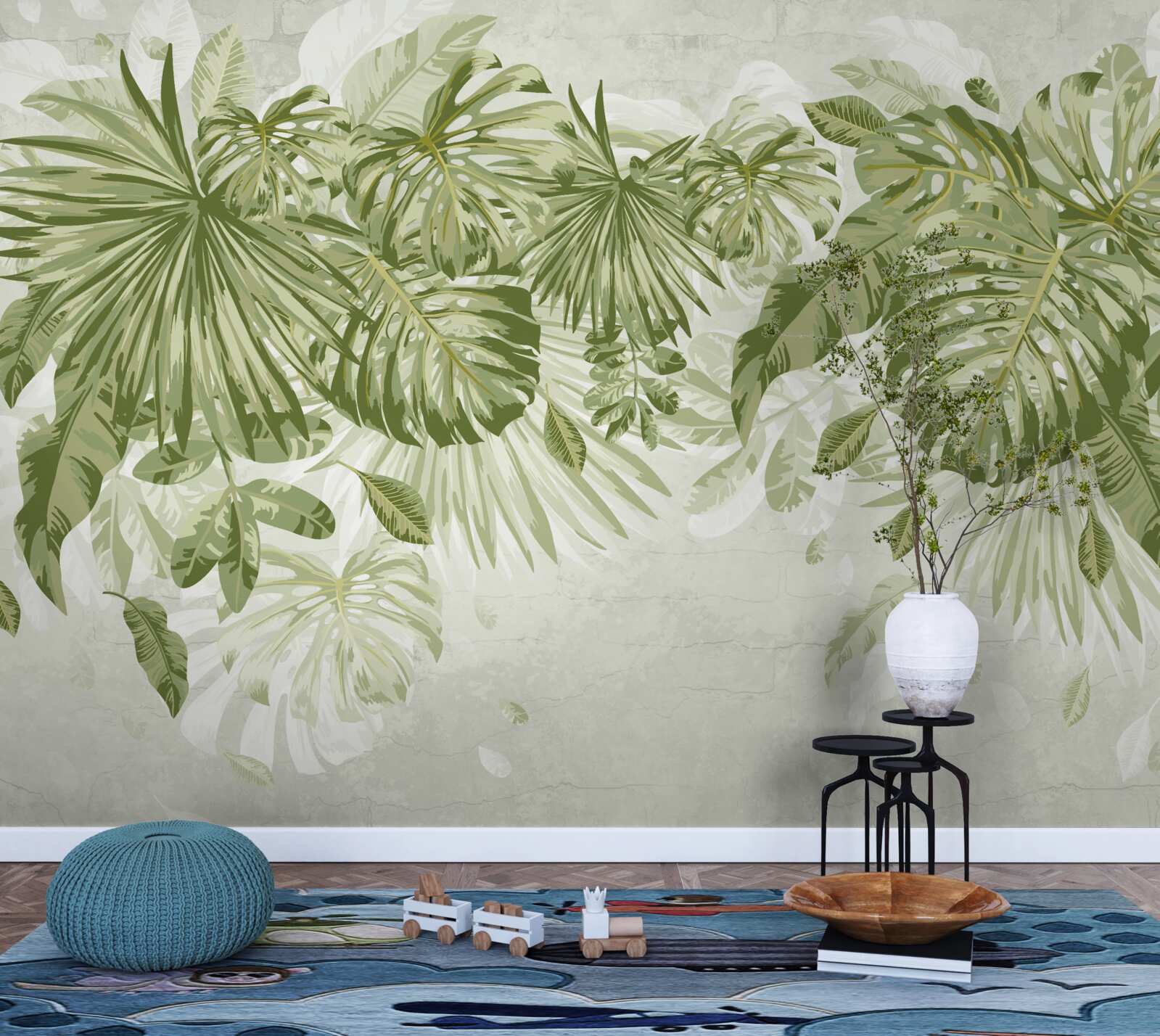 Papier peint feuilles de bananier tropical et de monstera