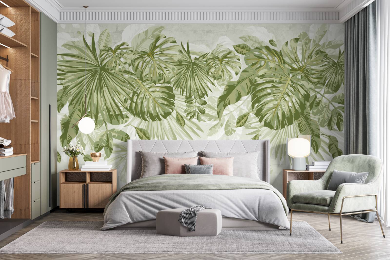 Papier peint feuilles de bananier tropical et de monstera