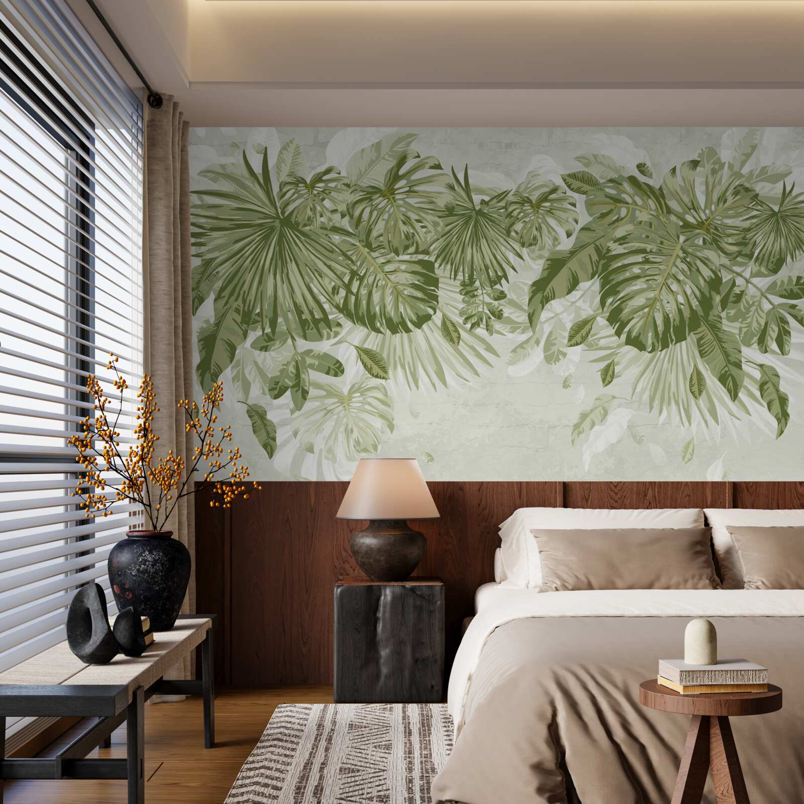 Papier peint feuilles de bananier tropical et de monstera