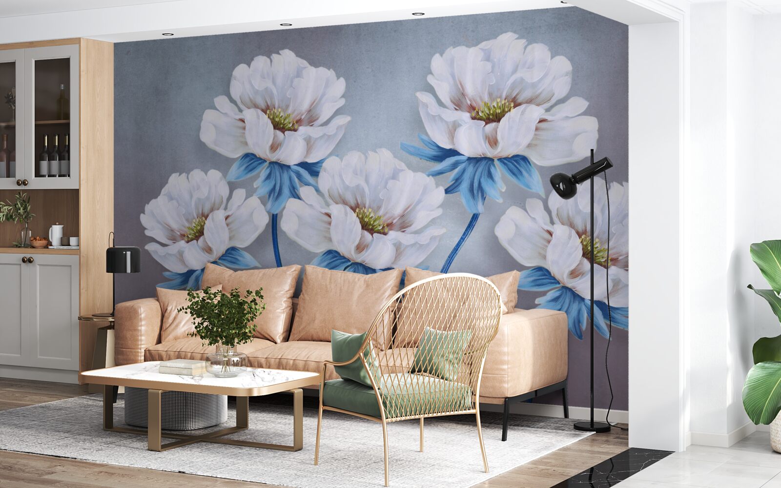 Papier peint les fleurs sont blanches avec une teinte bleue