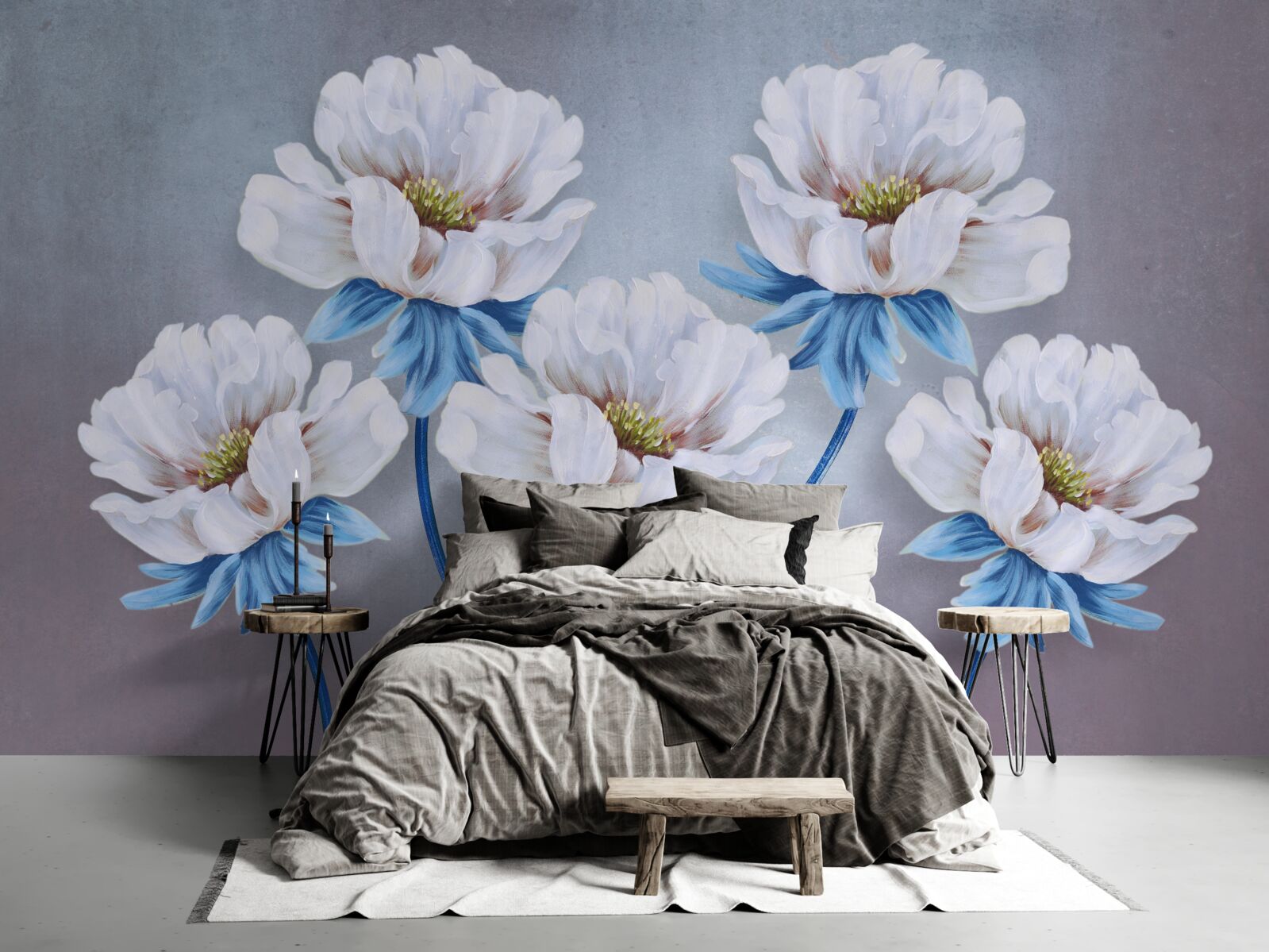 Papier peint les fleurs sont blanches avec une teinte bleue