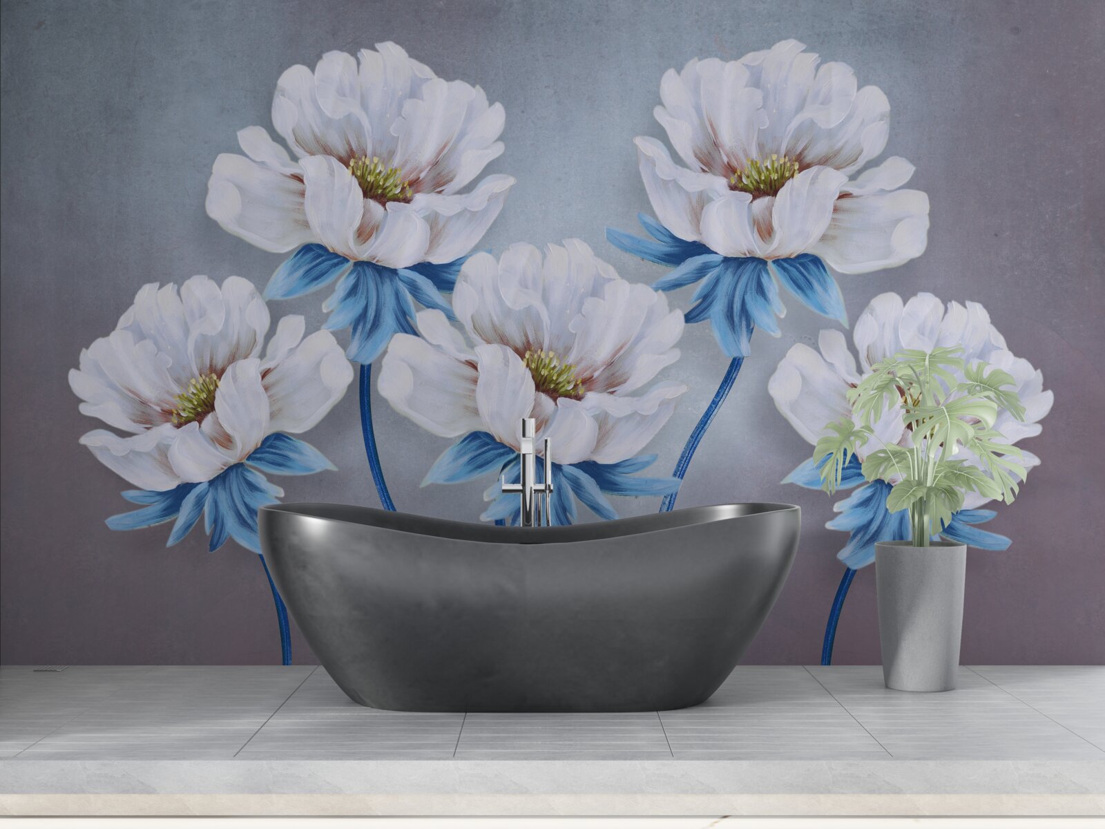 Papier peint les fleurs sont blanches avec une teinte bleue