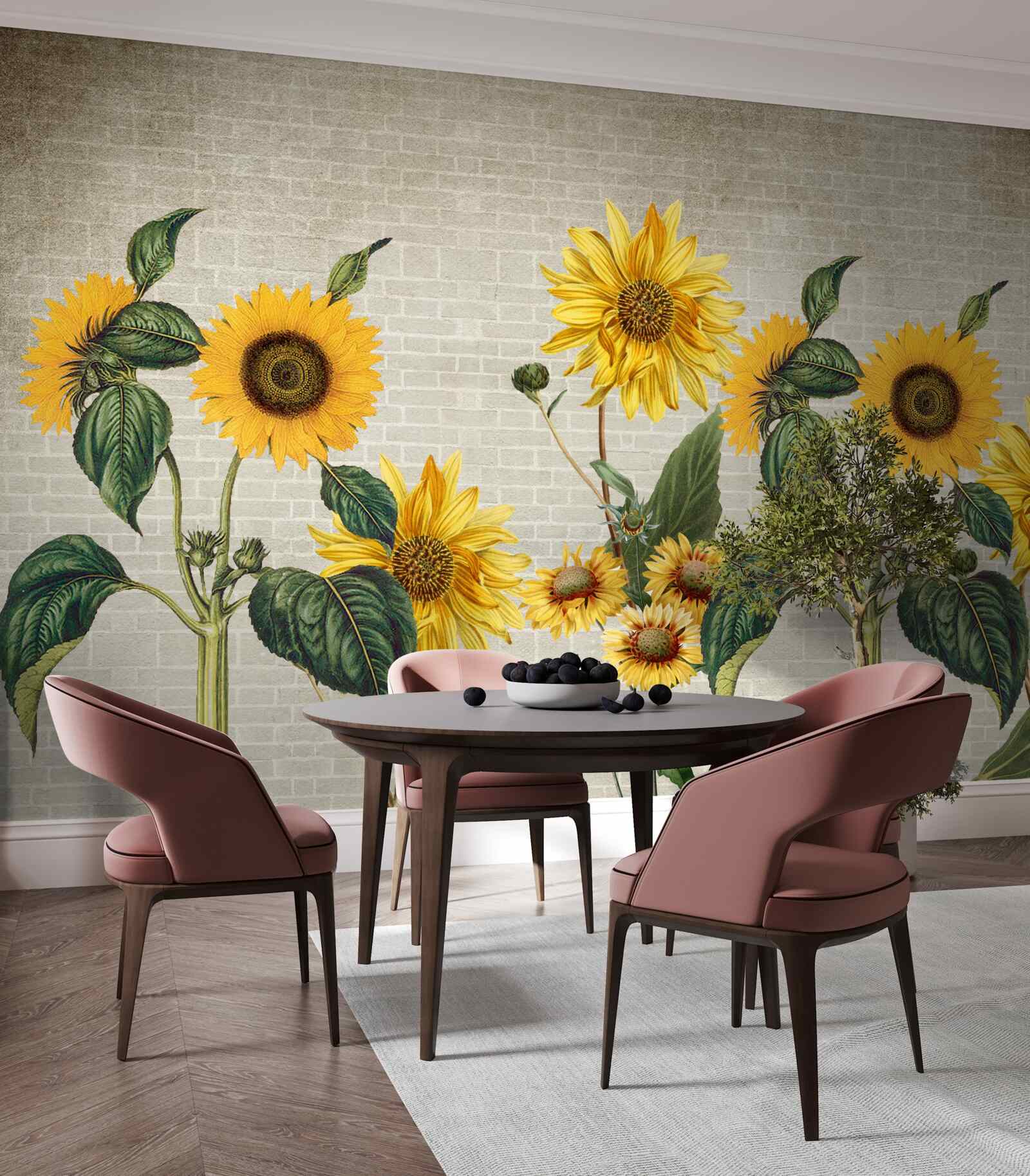 Papier peint Mur de briques avec tournesols au premier plan