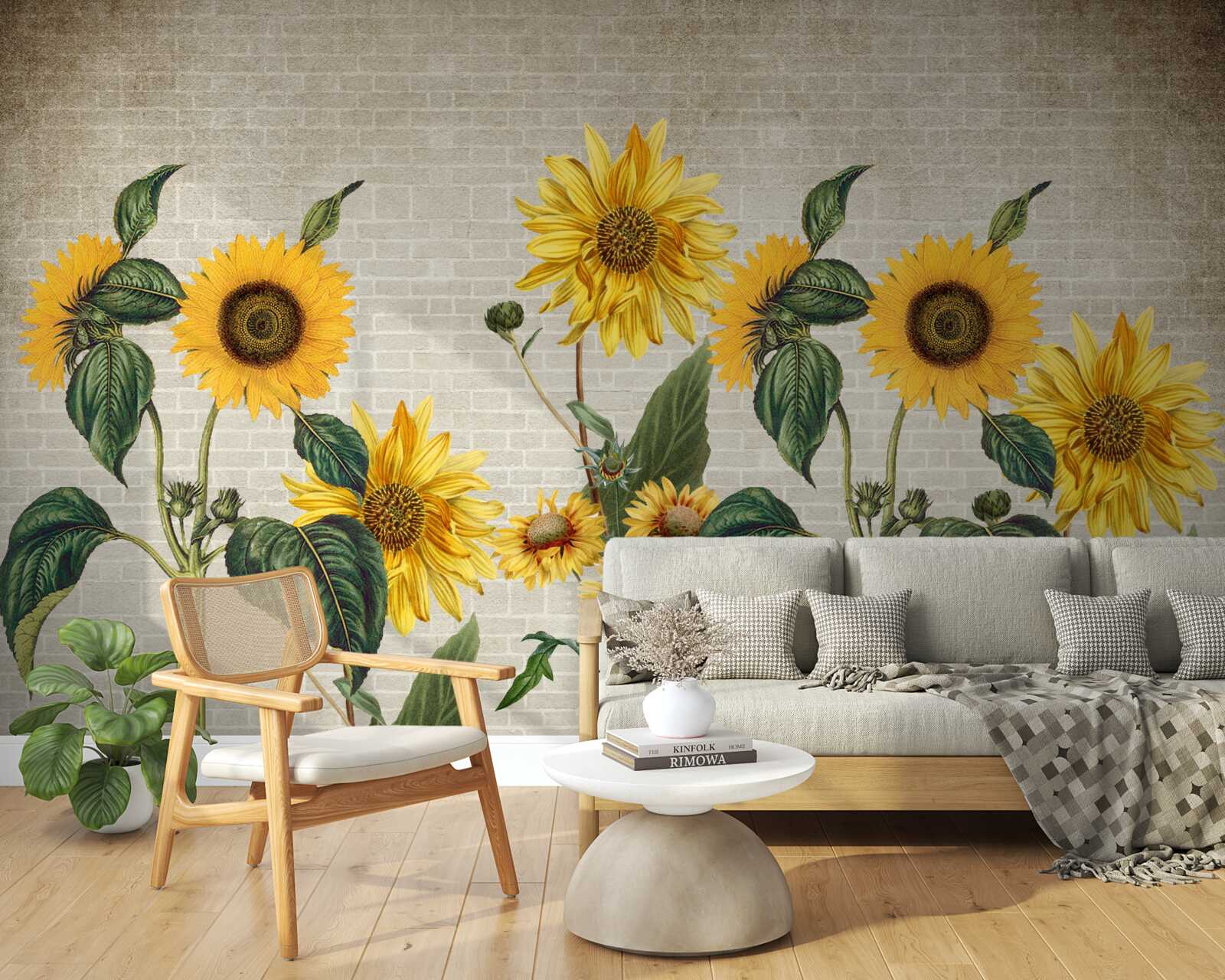 Papier peint Mur de briques avec tournesols au premier plan