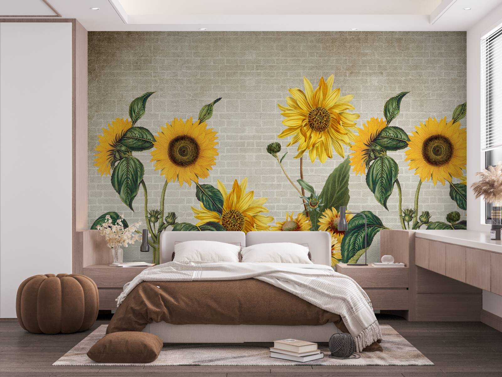 Papier peint Mur de briques avec tournesols au premier plan