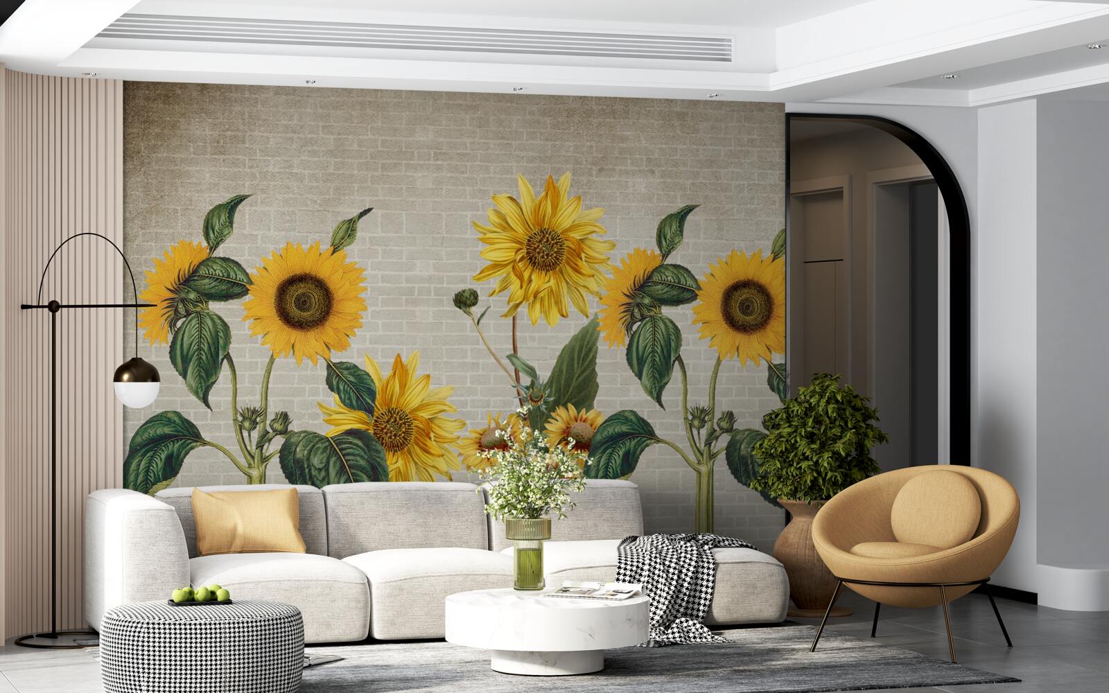 Papier peint Mur de briques avec tournesols au premier plan