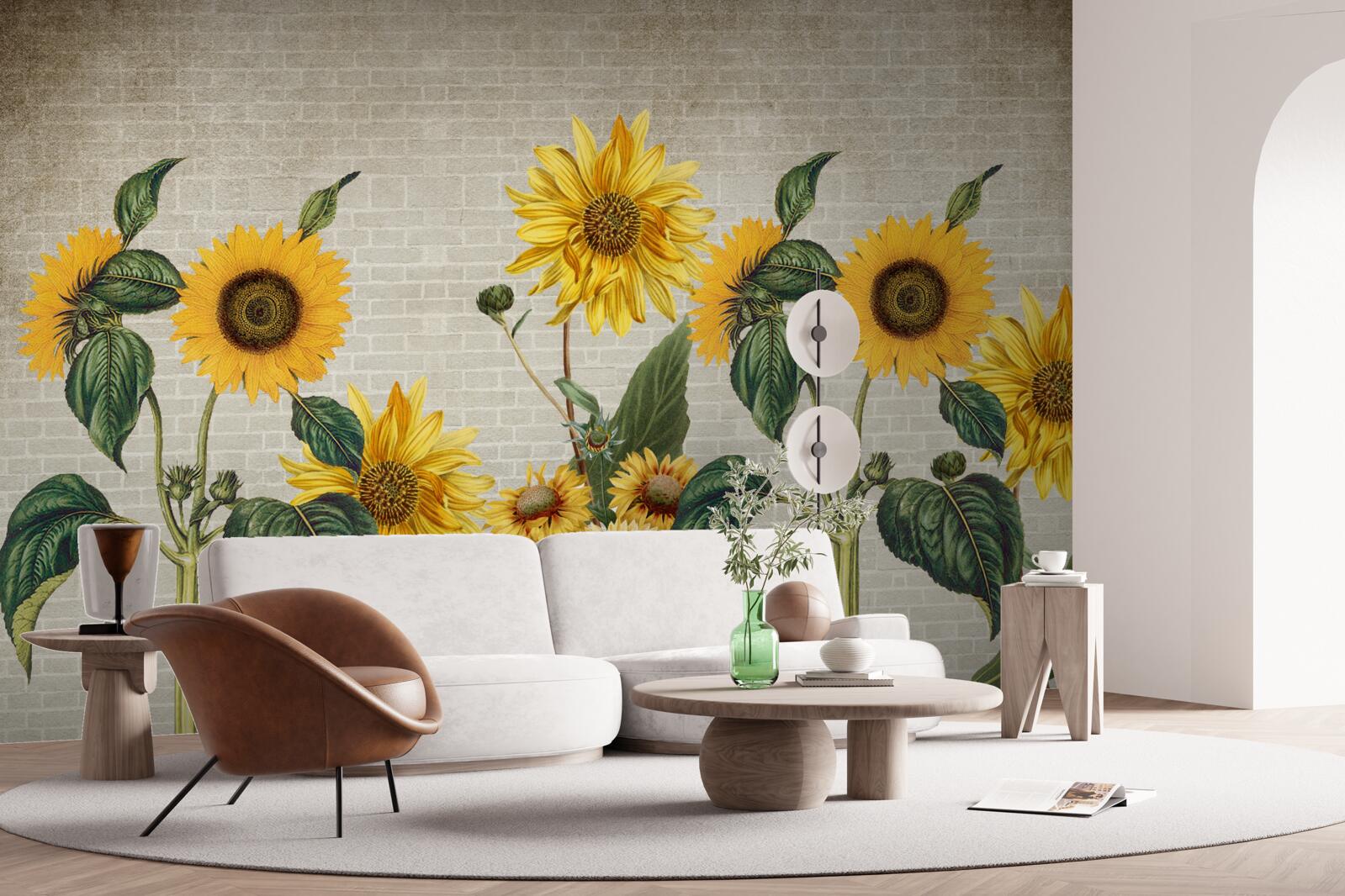 Papier peint Mur de briques avec tournesols au premier plan
