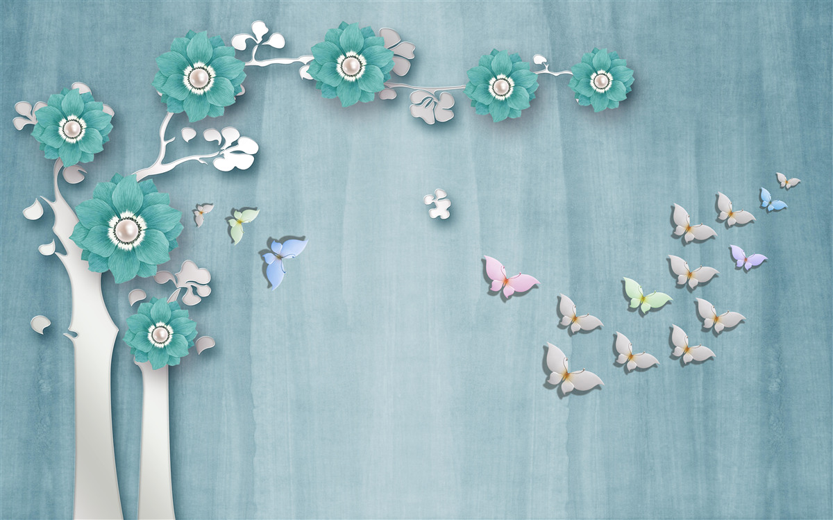 Papier peint papillons et fleurs vertes décorant un arbre