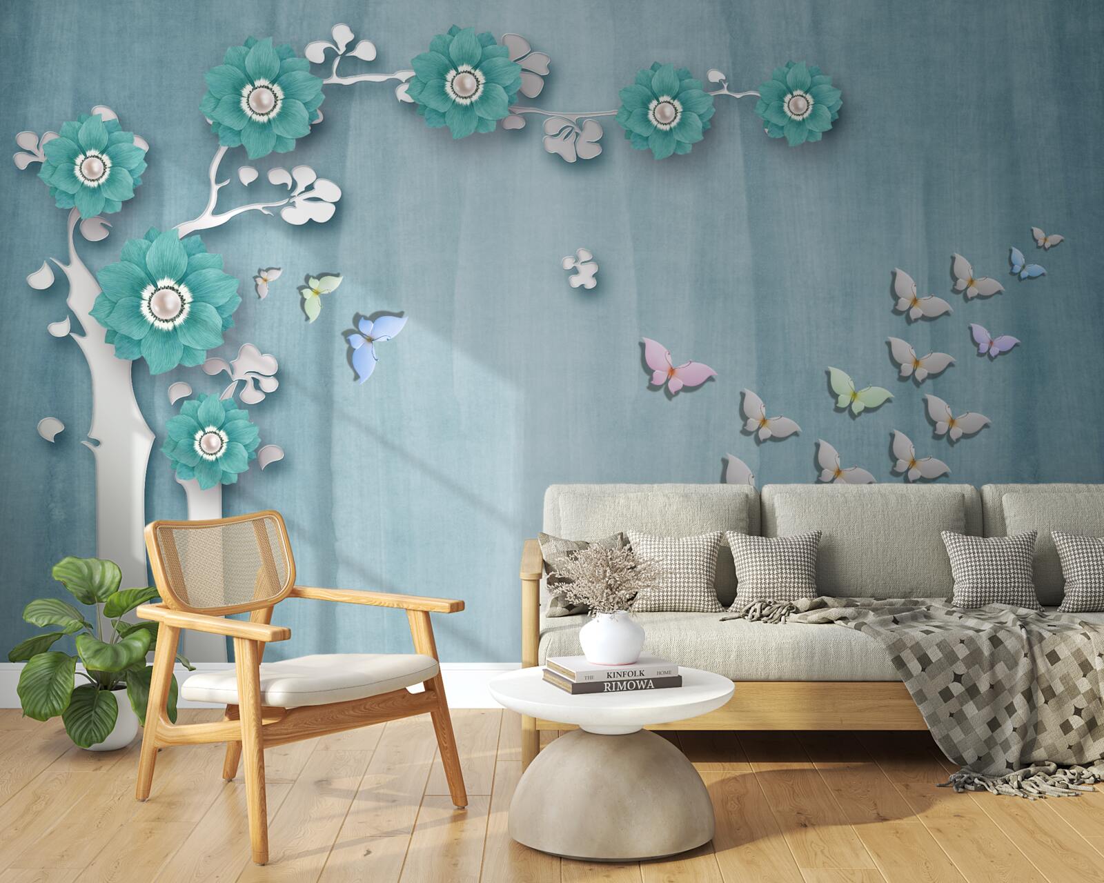 Papier peint papillons et fleurs vertes décorant un arbre