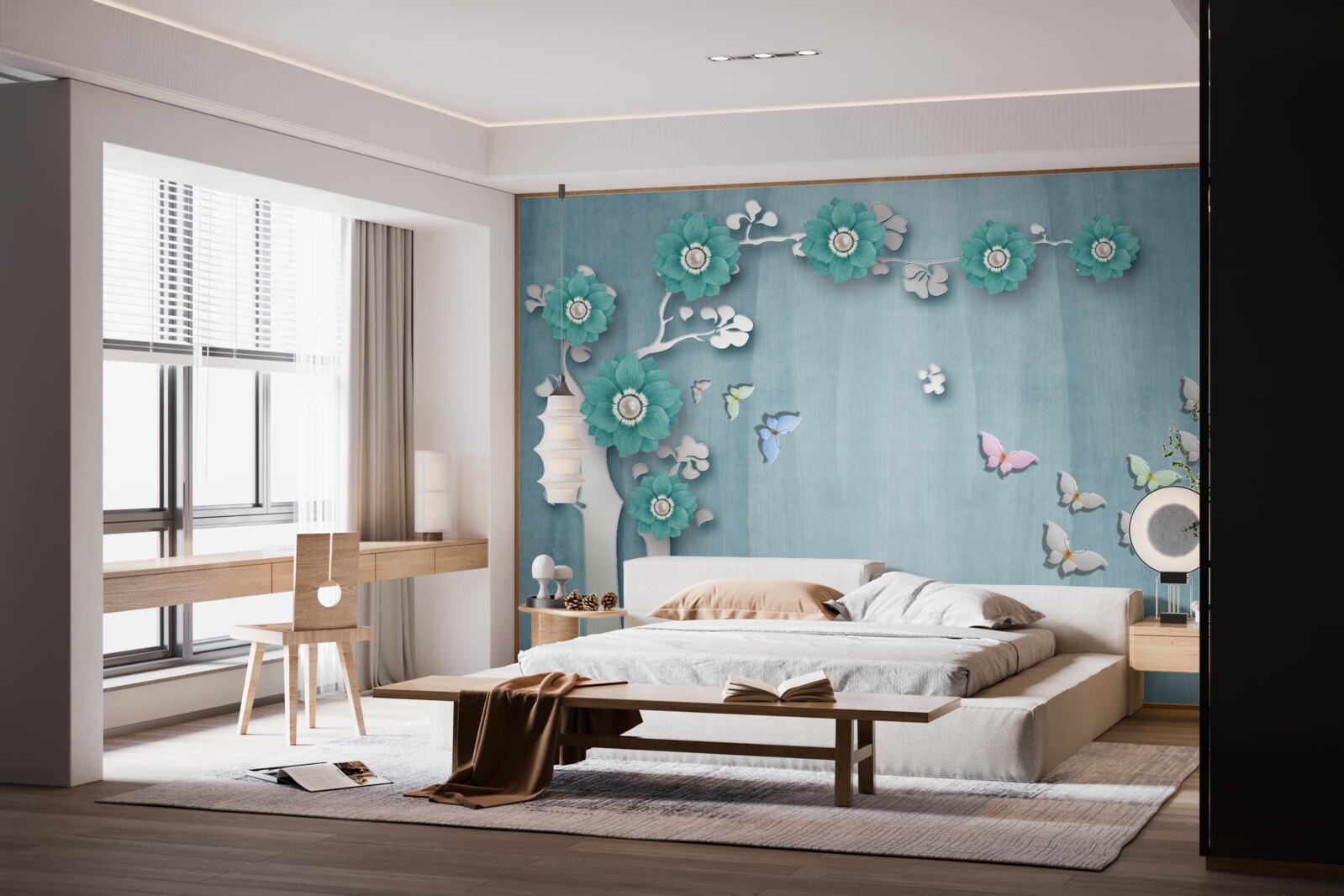 Papier peint papillons et fleurs vertes décorant un arbre