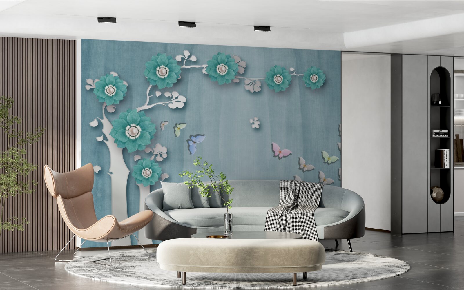 Papier peint papillons et fleurs vertes décorant un arbre