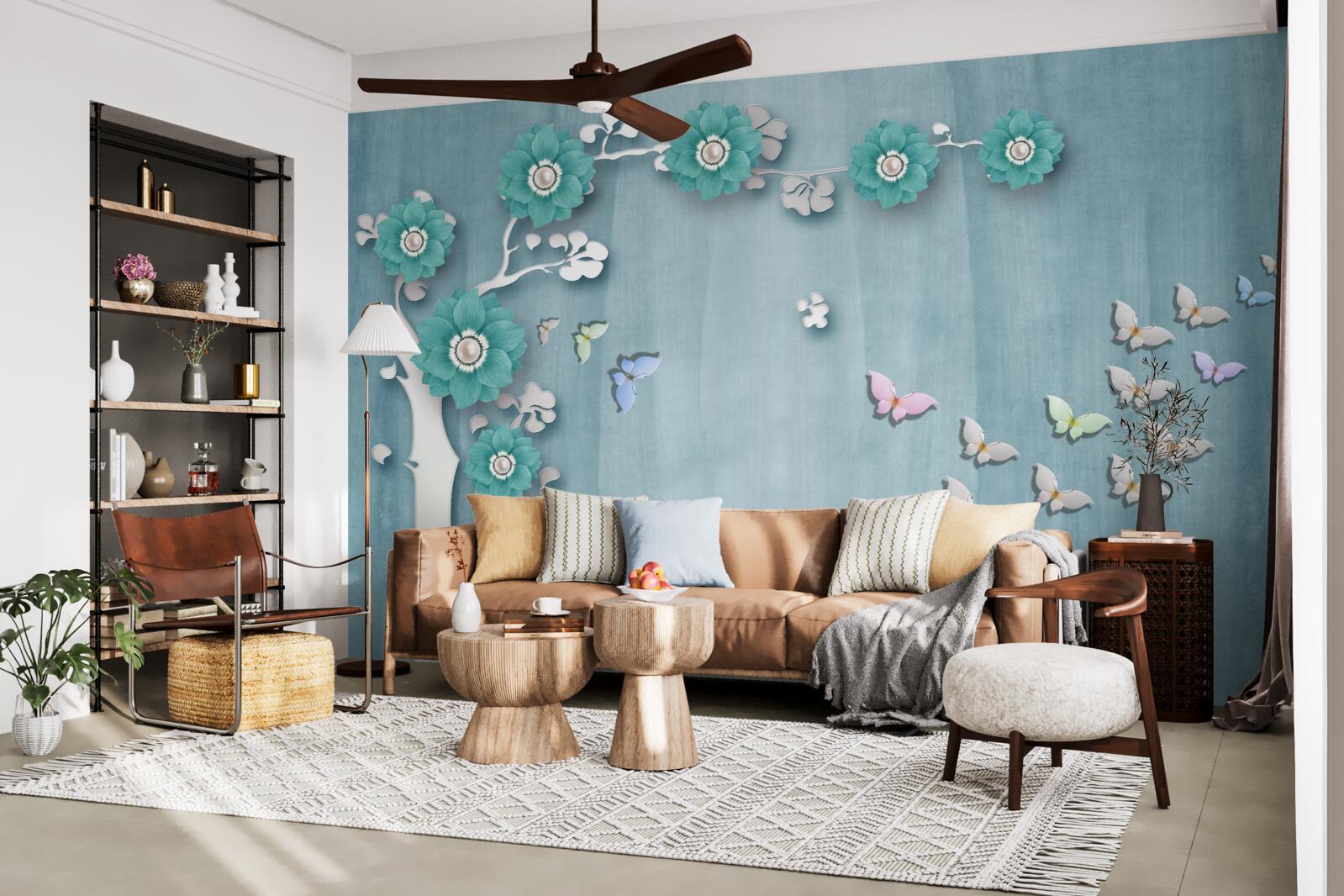 Papier peint papillons et fleurs vertes décorant un arbre