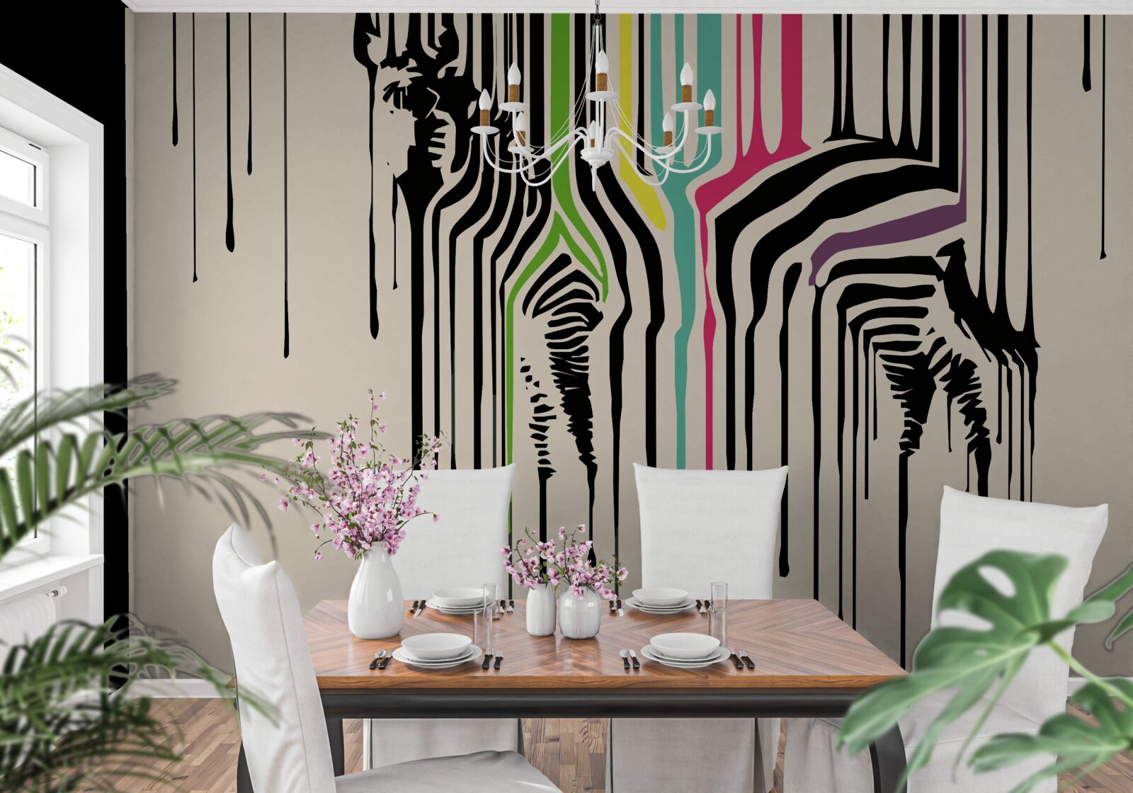 Papier peint zèbre représenté avec de la peinture maculée