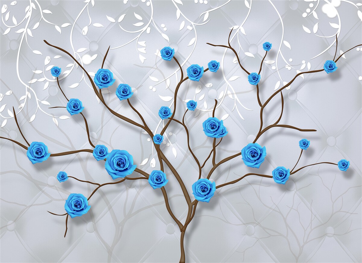 Papier peint arbre rose avec des fleurs bleues