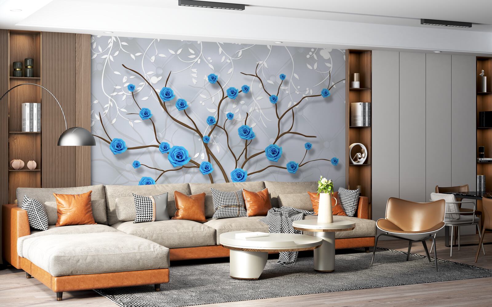 Papier peint arbre rose avec des fleurs bleues