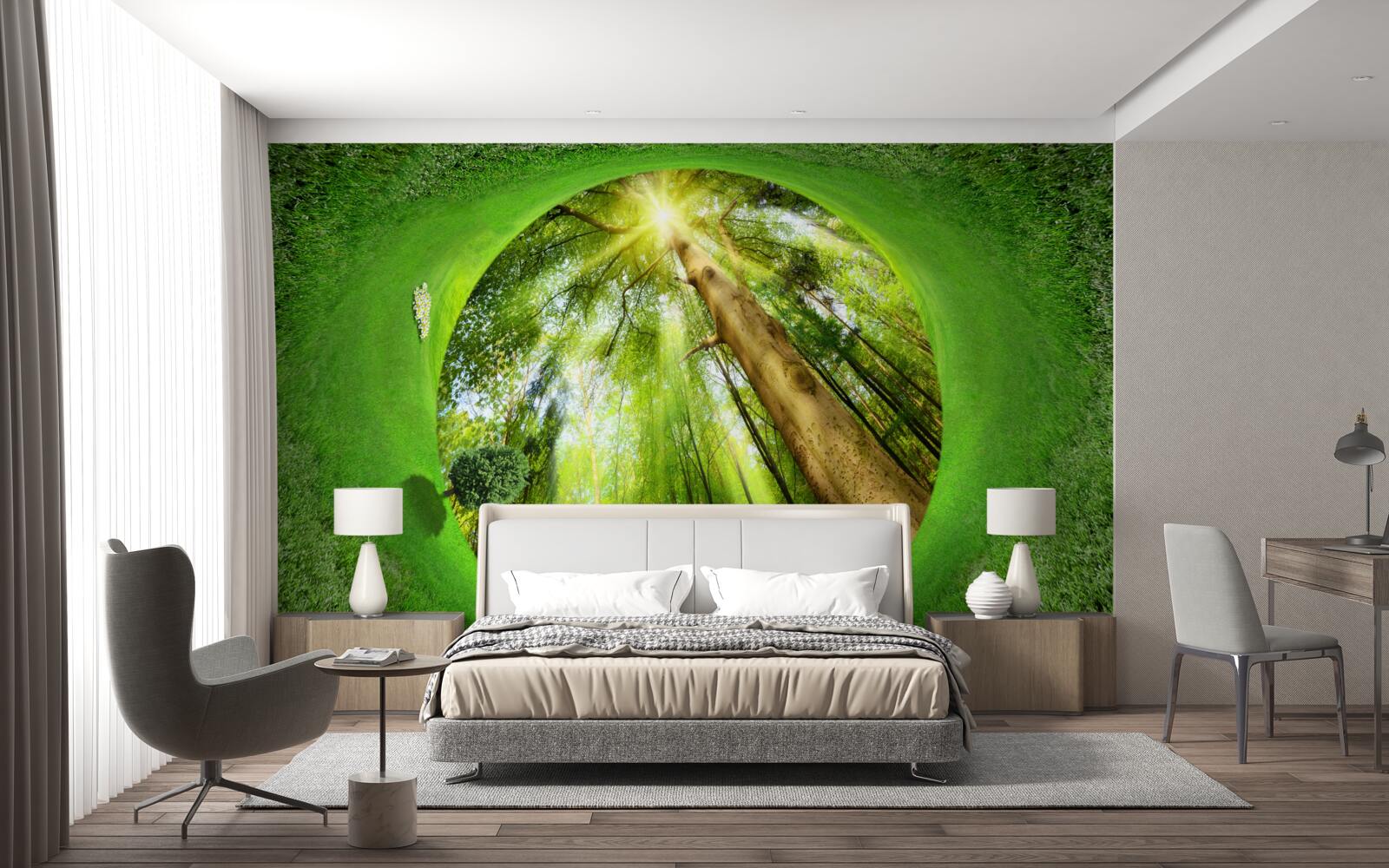 Papier peint l'objectif regarde la forêt verte bien entretenue