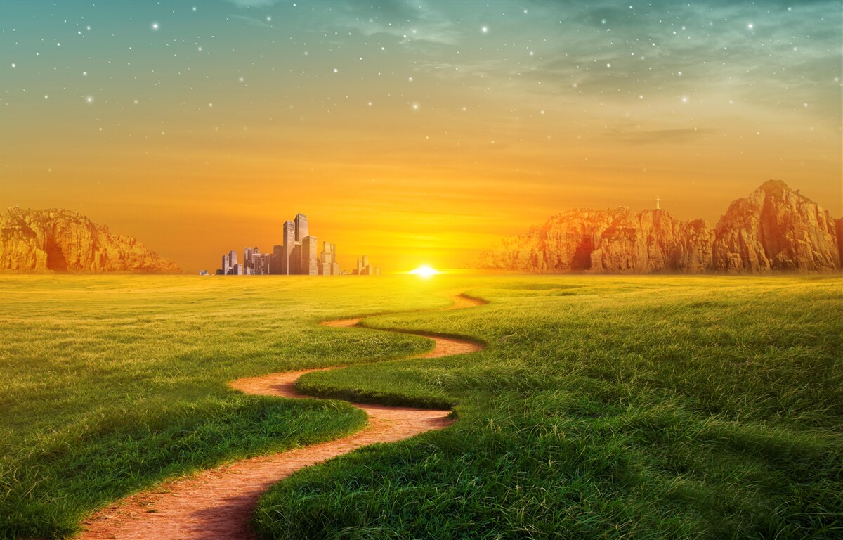 Papier peint coucher de soleil sur de vastes champs