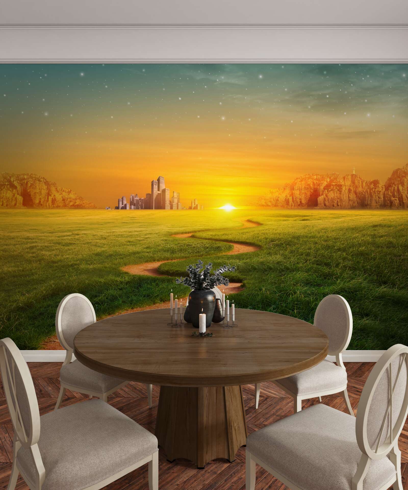 Papier peint coucher de soleil sur de vastes champs