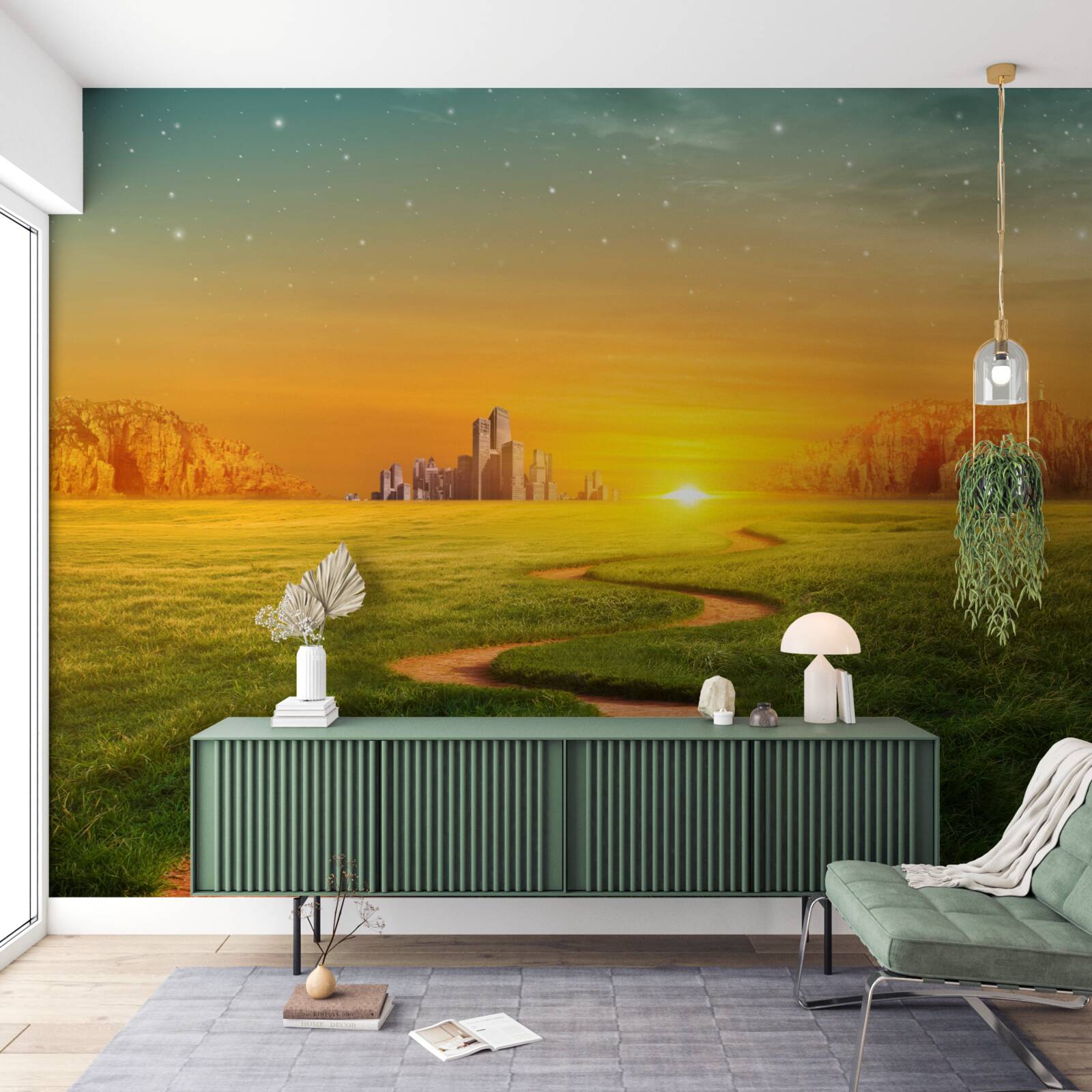 Papier peint coucher de soleil sur de vastes champs