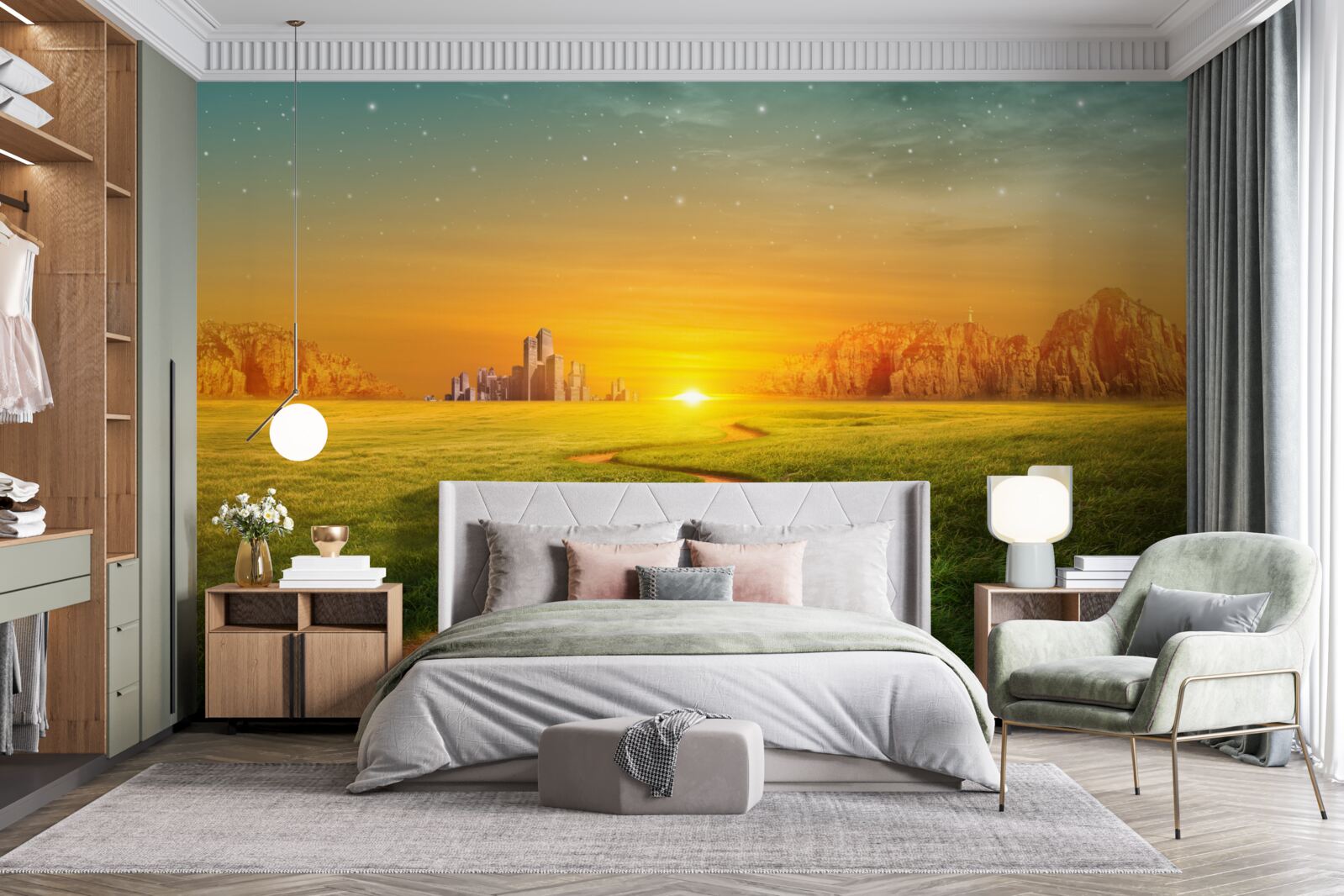 Papier peint coucher de soleil sur de vastes champs