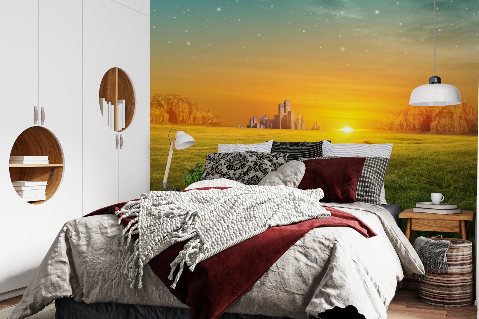 Papier peint coucher de soleil sur de vastes champs