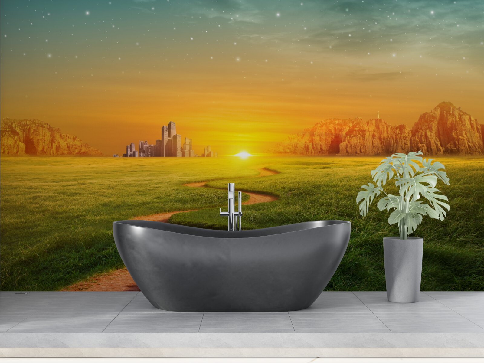 Papier peint coucher de soleil sur de vastes champs