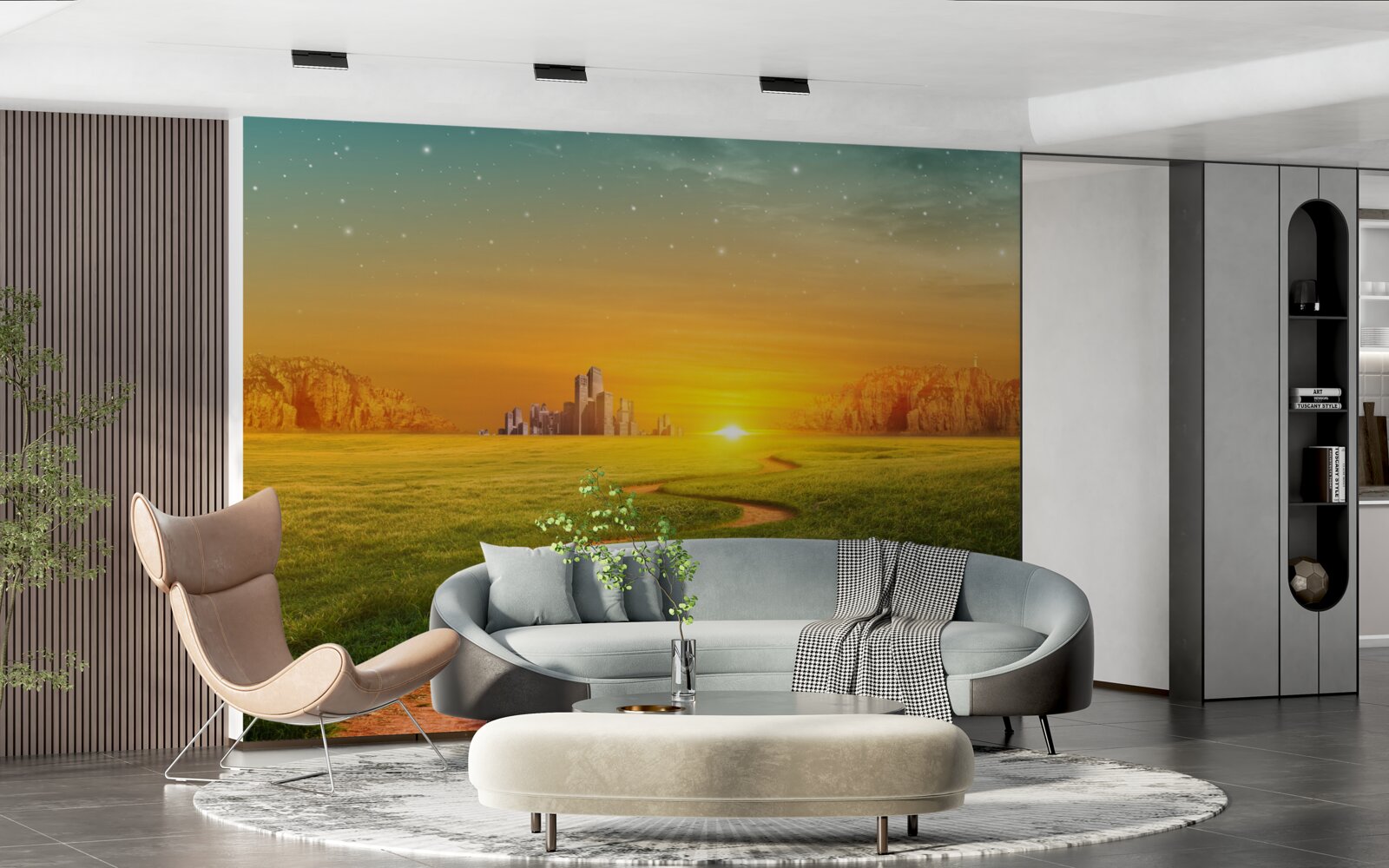 Papier peint coucher de soleil sur de vastes champs