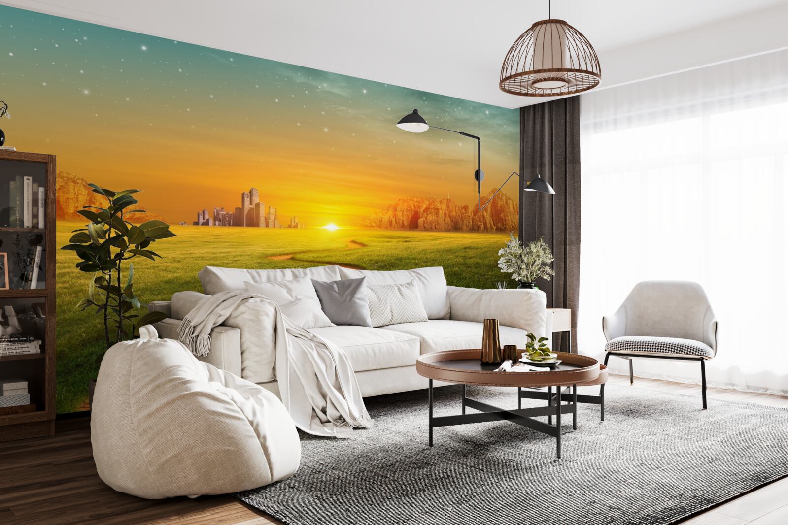 Papier peint coucher de soleil sur de vastes champs