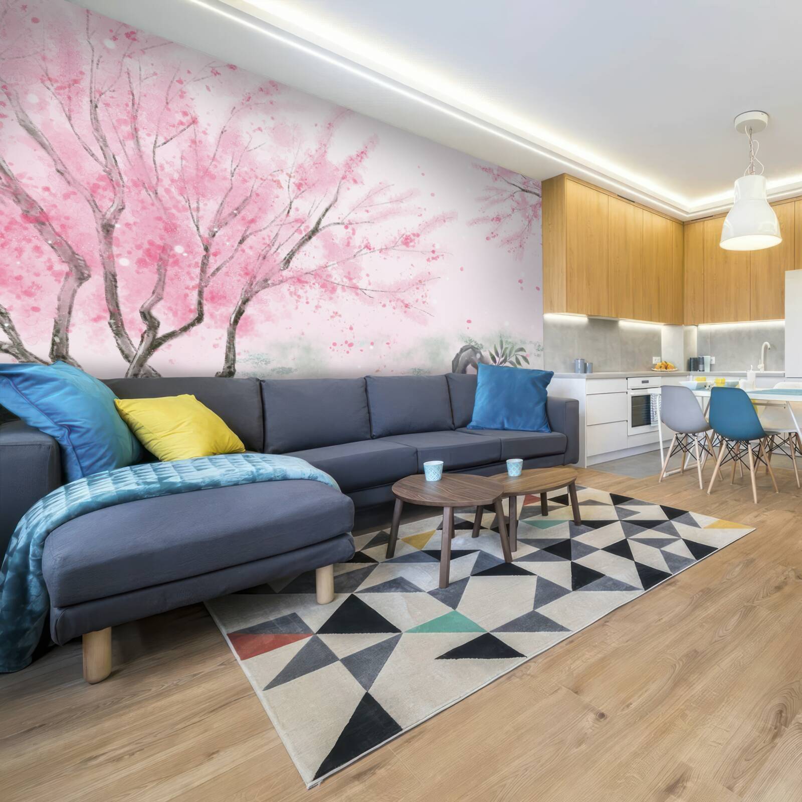 Papier peint le sakura près de l'étang est peint en rose