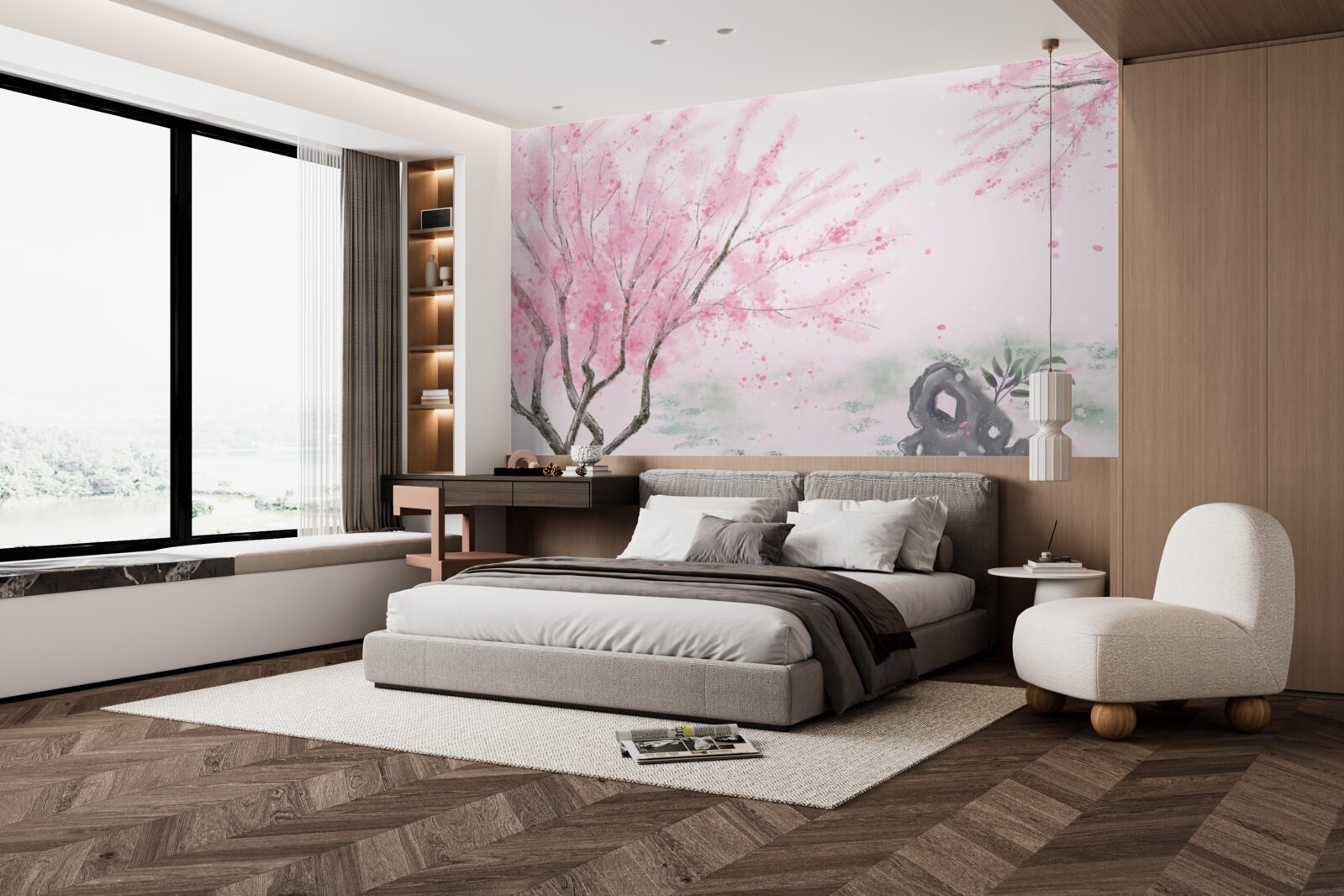 Papier peint le sakura près de l'étang est peint en rose