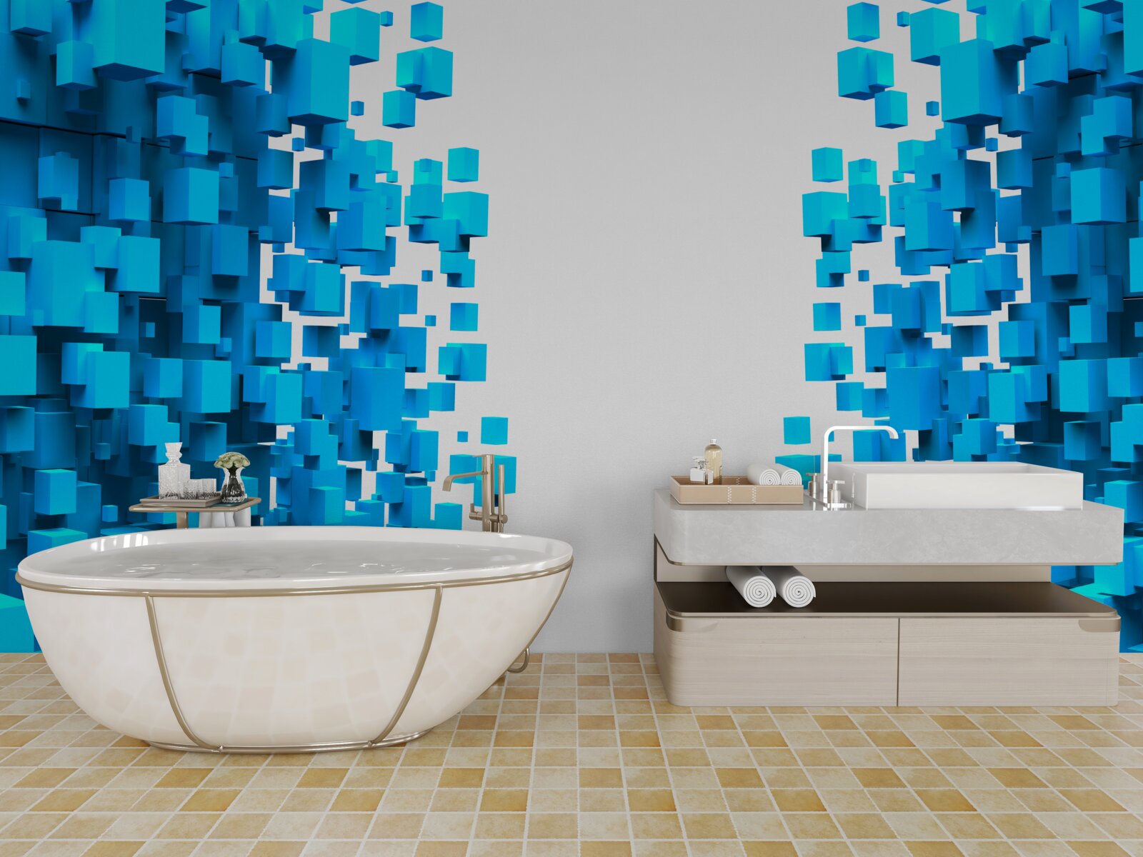 Papier peint carrés bleus flottant dans l'abstraction