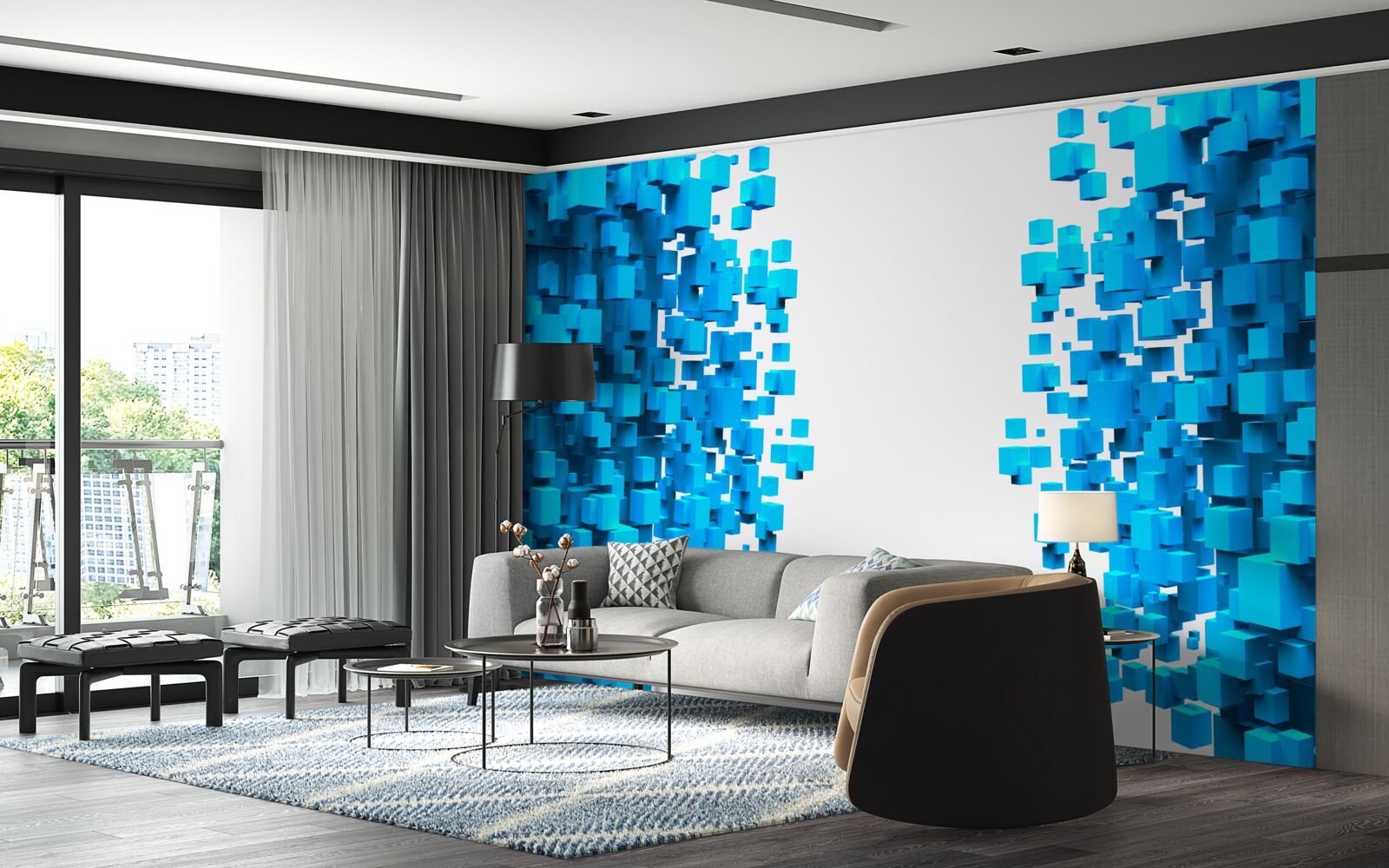 Papier peint carrés bleus flottant dans l'abstraction