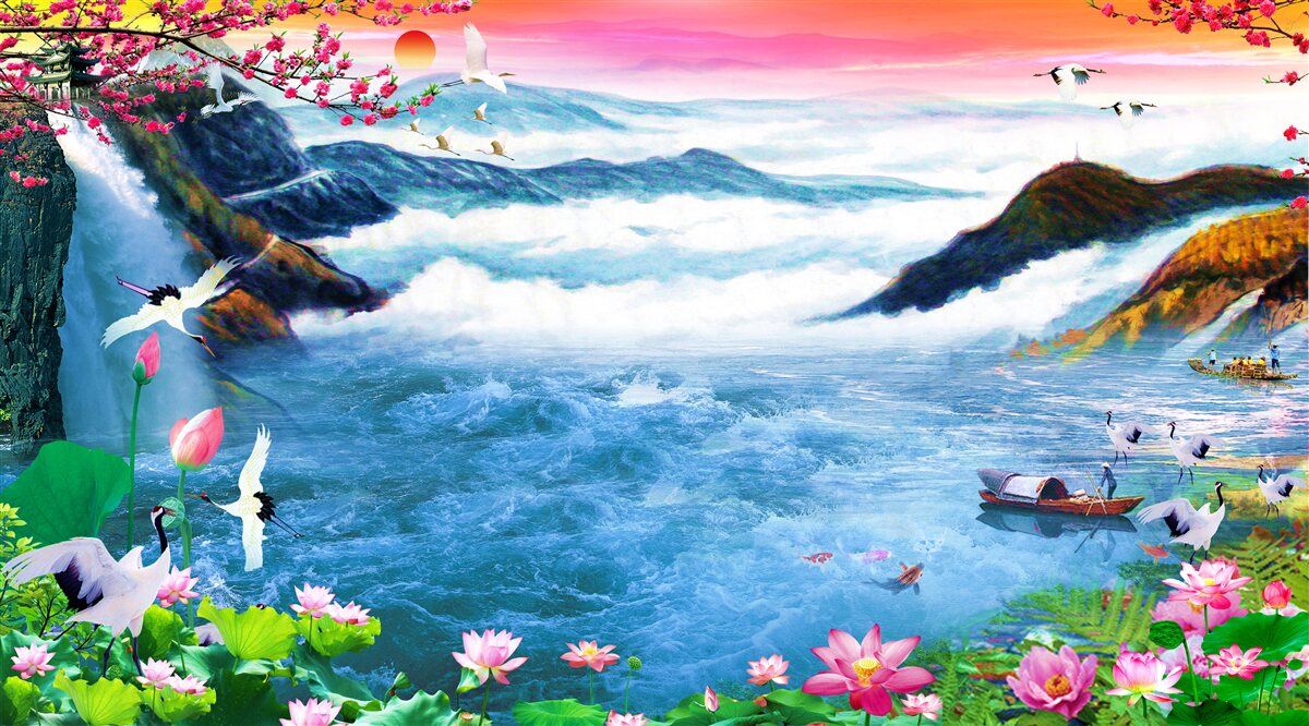 Papier peint au coucher du soleil, au pied d'une cascade de montagne, des pêcheurs