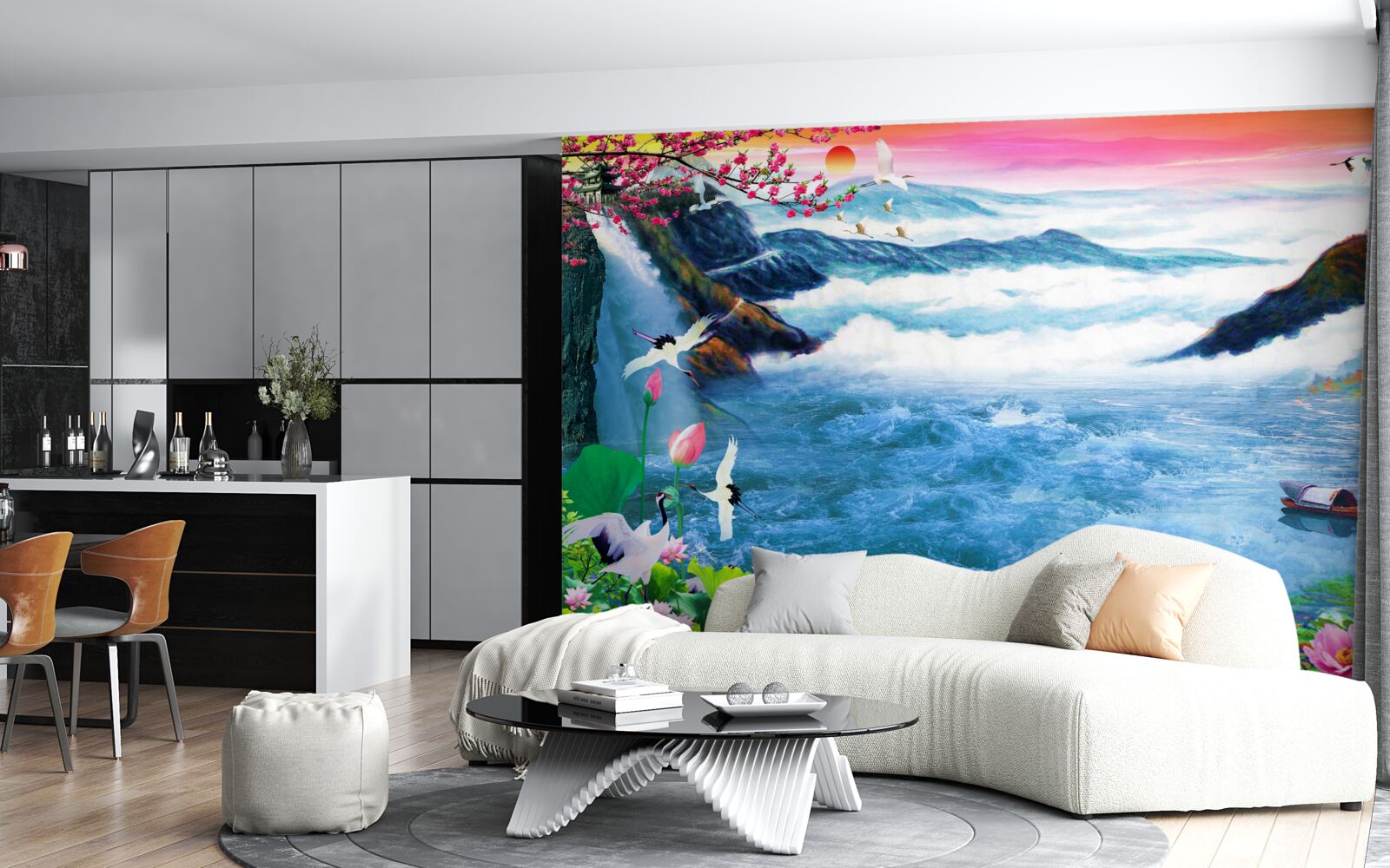 Papier peint au coucher du soleil, au pied d'une cascade de montagne, des pêcheurs