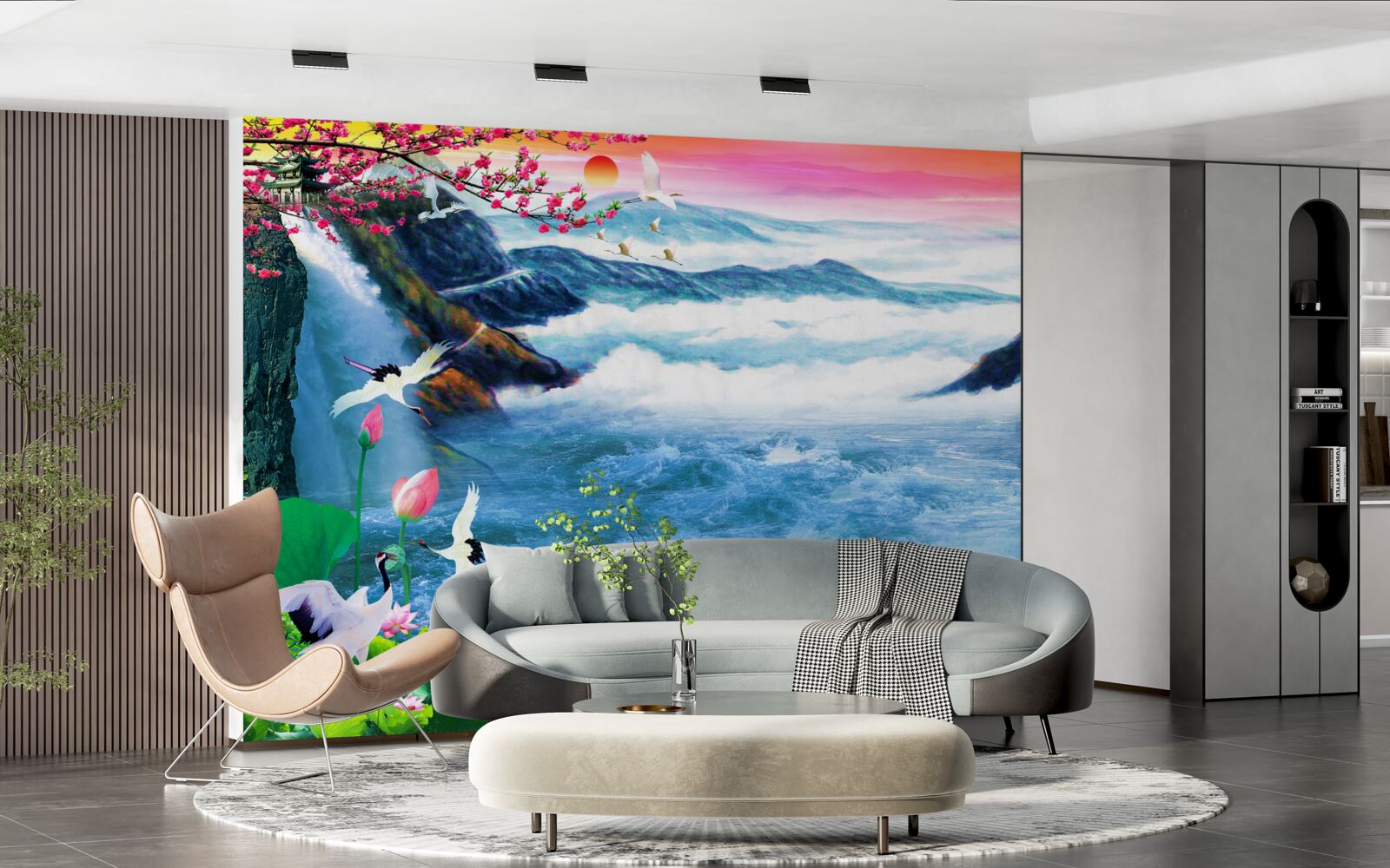 Papier peint au coucher du soleil, au pied d'une cascade de montagne, des pêcheurs