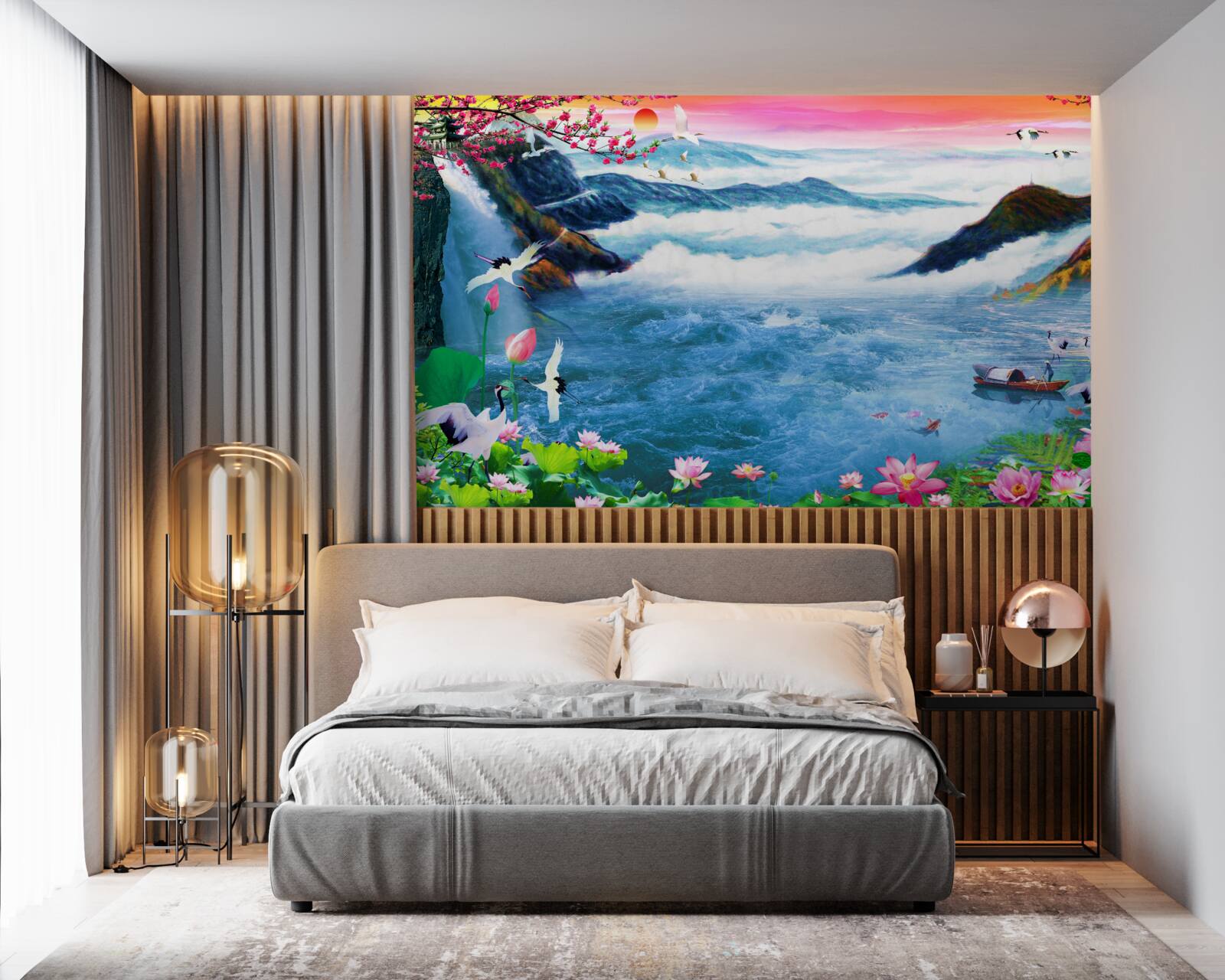 Papier peint au coucher du soleil, au pied d'une cascade de montagne, des pêcheurs