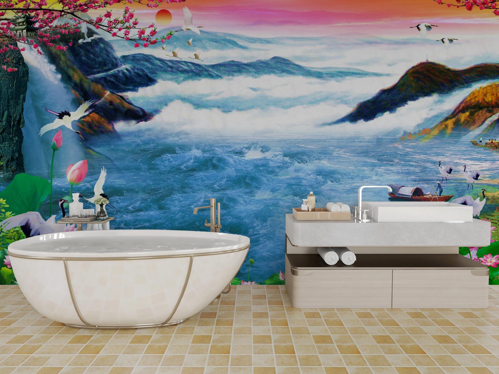 Papier peint au coucher du soleil, au pied d'une cascade de montagne, des pêcheurs