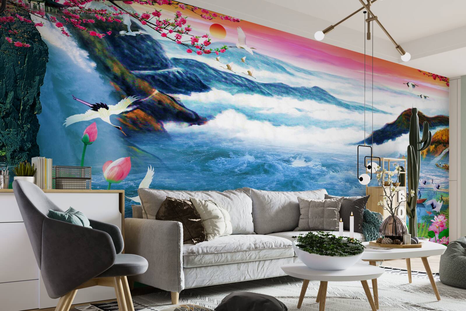 Papier peint au coucher du soleil, au pied d'une cascade de montagne, des pêcheurs