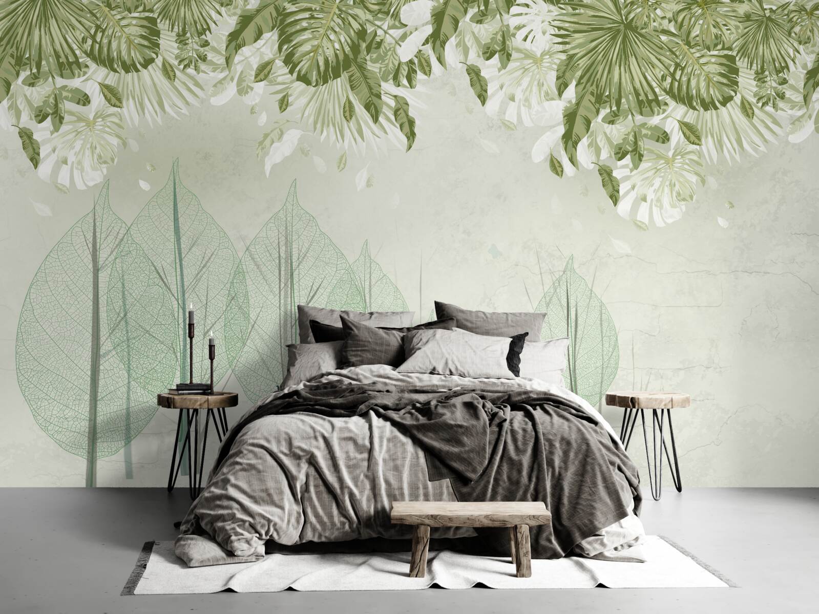 Papier peint une famille de cerfs se promène dans une forêt verte et brumeuse