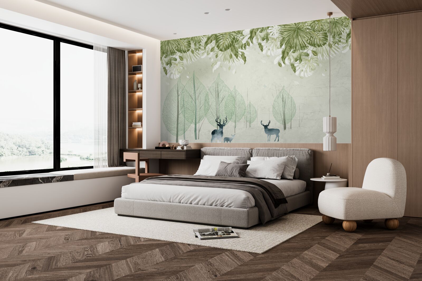 Papier peint une famille de cerfs se promène dans une forêt verte et brumeuse