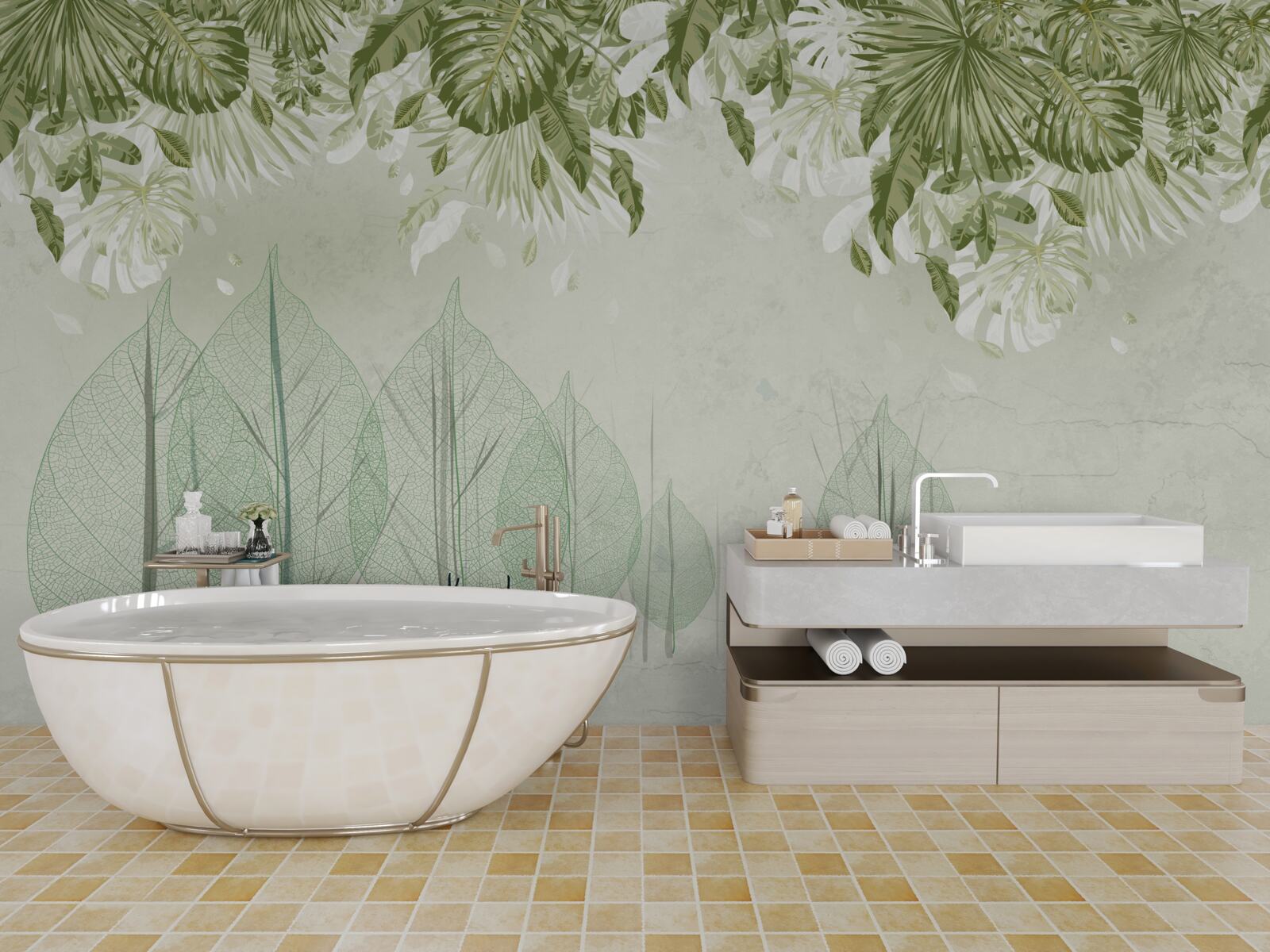 Papier peint une famille de cerfs se promène dans une forêt verte et brumeuse